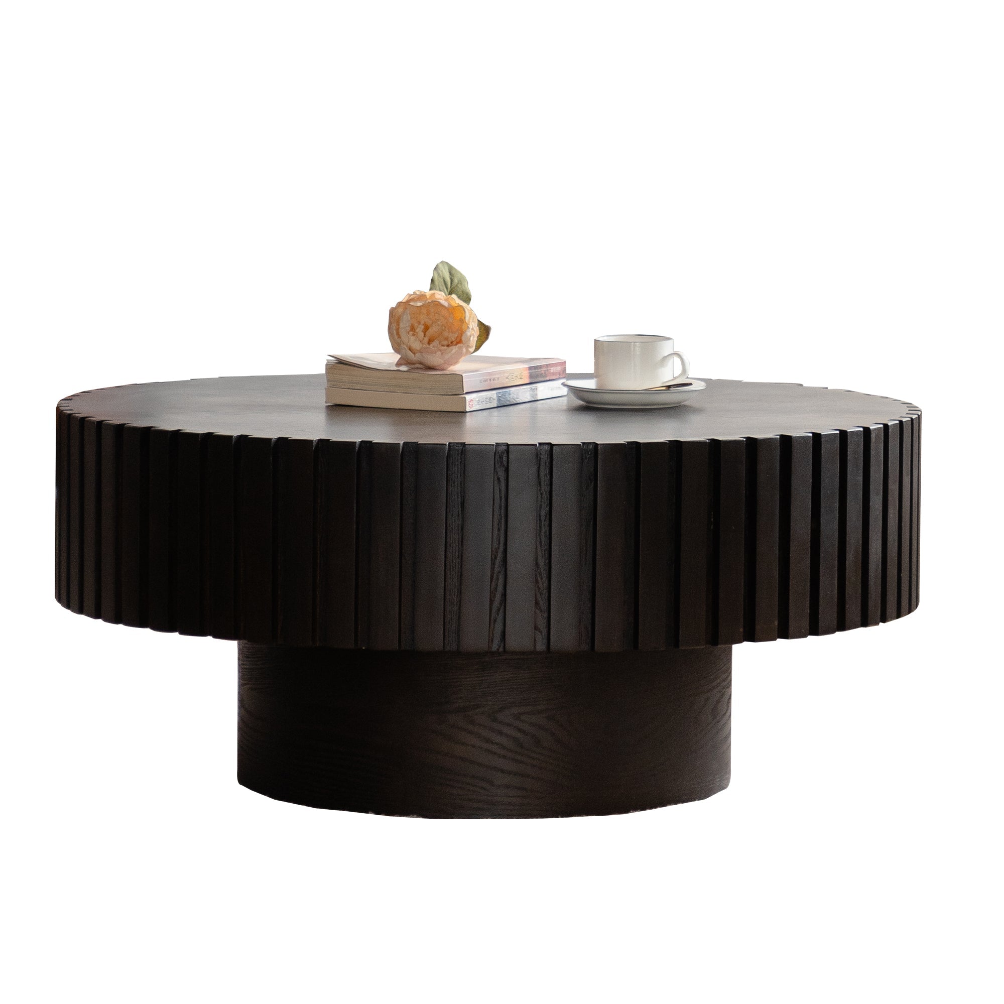 Round Coffee Table Handcrafted Relief Sturdy Pedestal Wooden Olive-Shaped Tea Table for Living Room