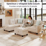 98 Inches Sectional Sofa Couch with Movable Storage Ottoman and Linen Fabric Backs
