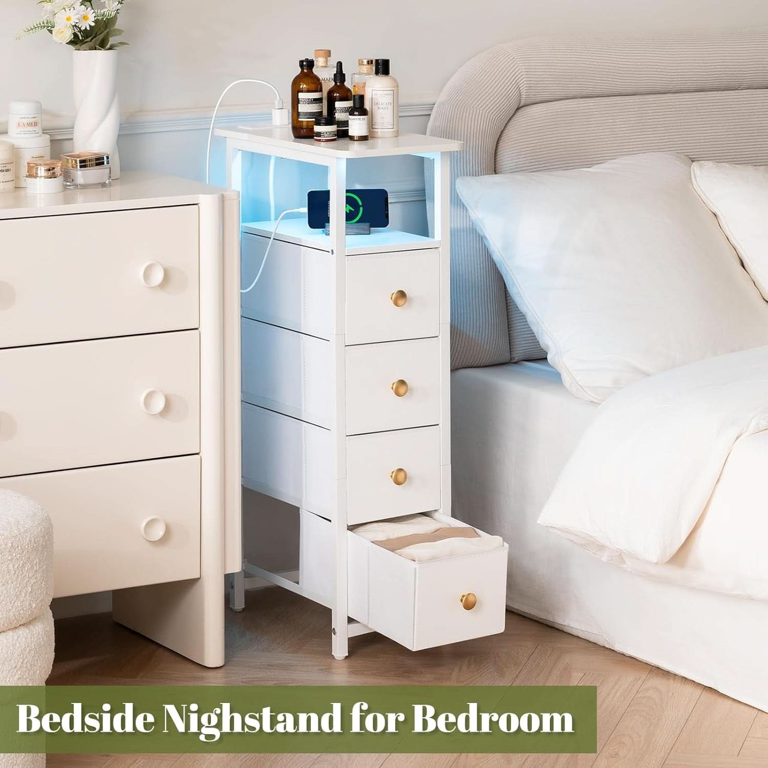 LED Narrow Nightstand With Wireless Charging
