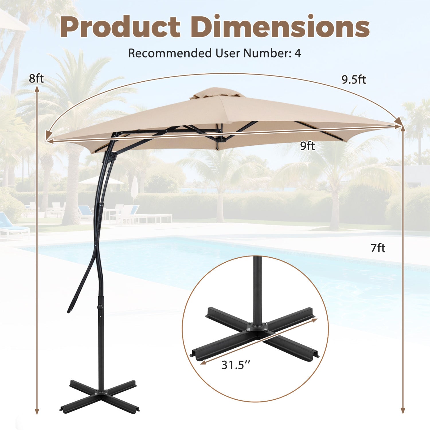 9 FT Cantilever Umbrella with Cross Base and Crank Handle
