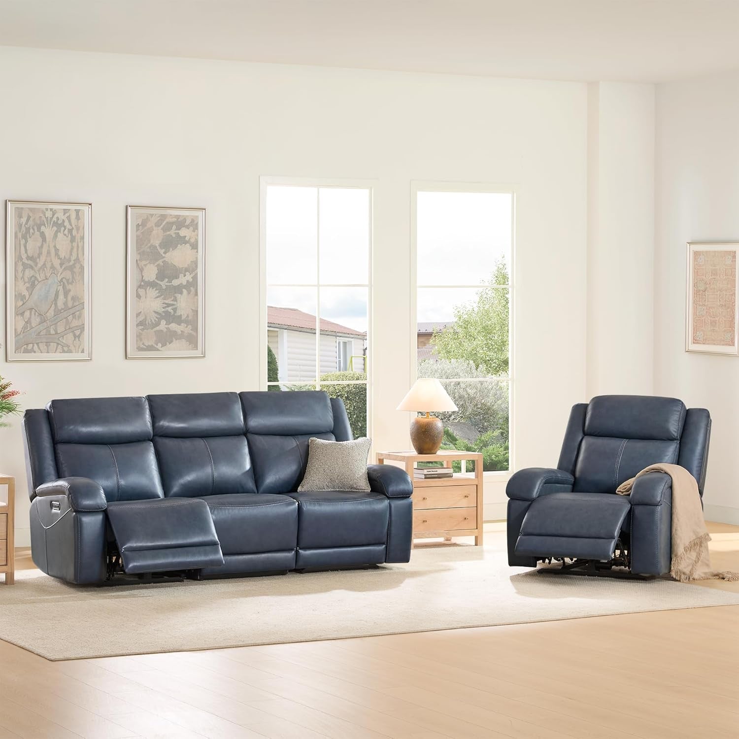 Navy Leather Power Recliner Sofa