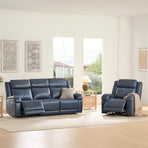 Navy Leather Power Recliner Sofa