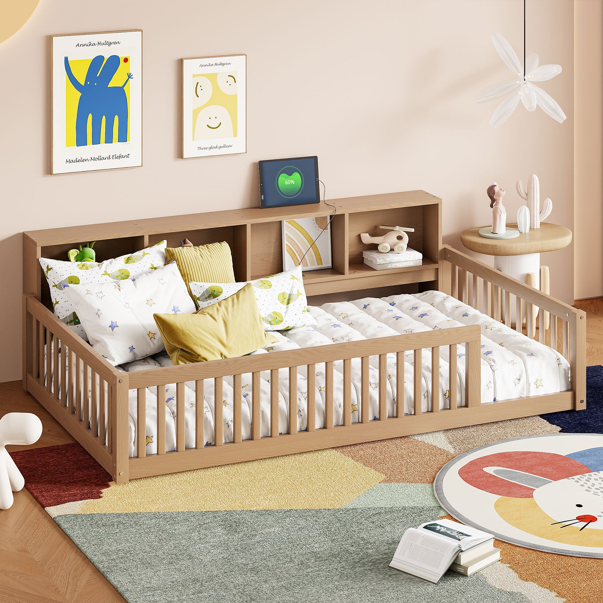 Wood Twin XL Bed with Storage Cabinets