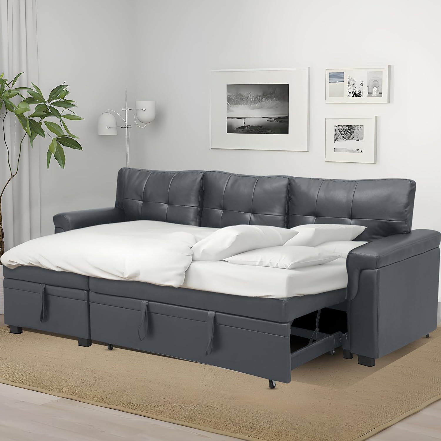 Sleeper Sectional Sofa With Convertible Bed In Dark Gray