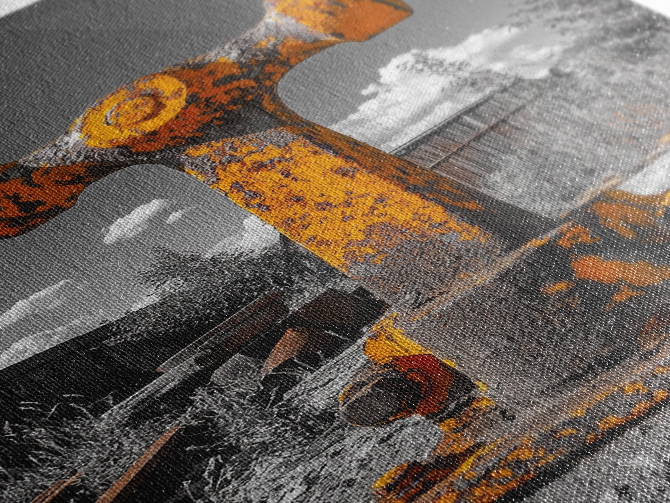 Rusty Bolt, Yellow Steel, Industrial Contrast, Framed Canvas Print, Garage Decor, Workshop Wall Art, Urban Grunge Photography