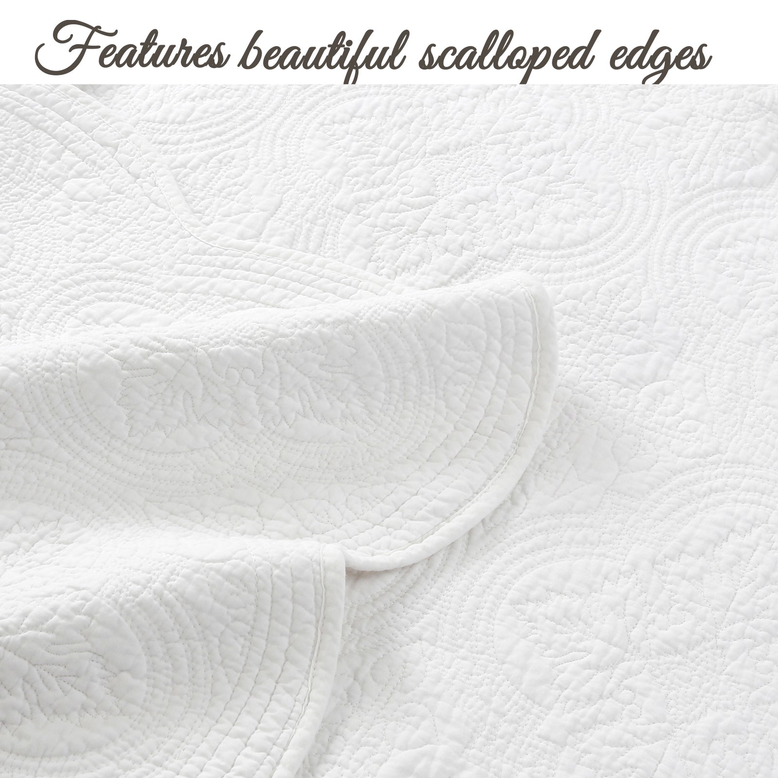 Serenity White Victorian Scalloped Medallion Floral Pure Solid Cotton Reversible Quilt Bedding Set