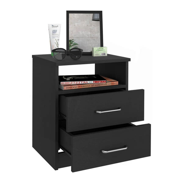 Modern 2-Drawer Nightstand End Table in Black Wood Finish