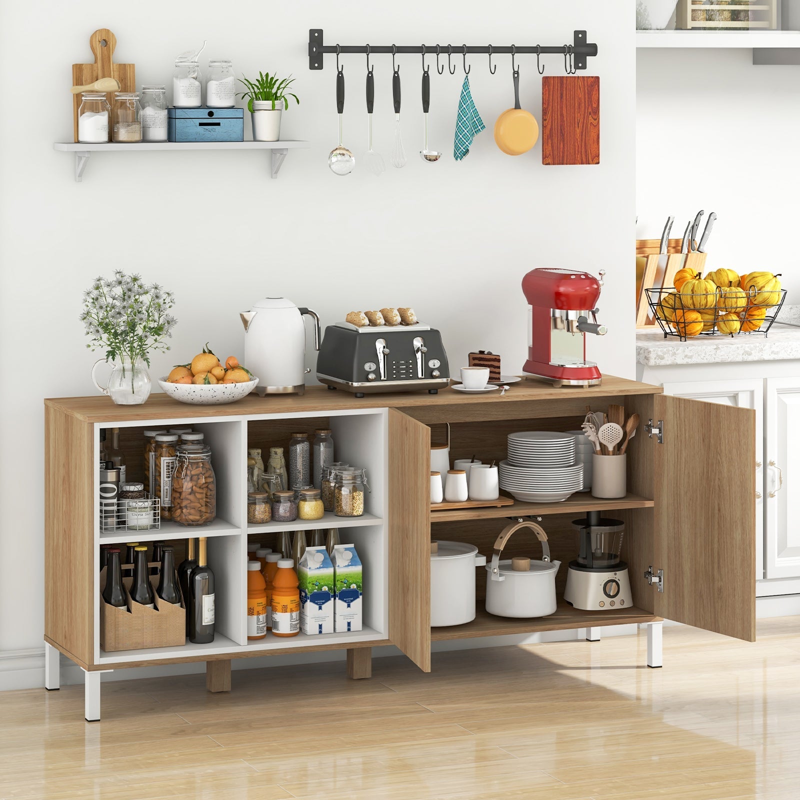 63 Inches Buffet Sideboard with 4 Compartments and Push-to-Open Cabinet