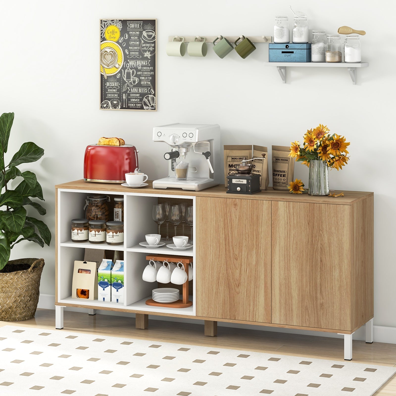 63 Inches Buffet Sideboard with 4 Compartments and Push-to-Open Cabinet