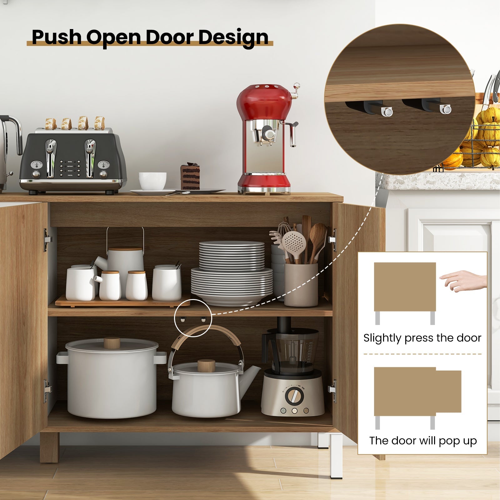 63 Inches Buffet Sideboard with 4 Compartments and Push-to-Open Cabinet