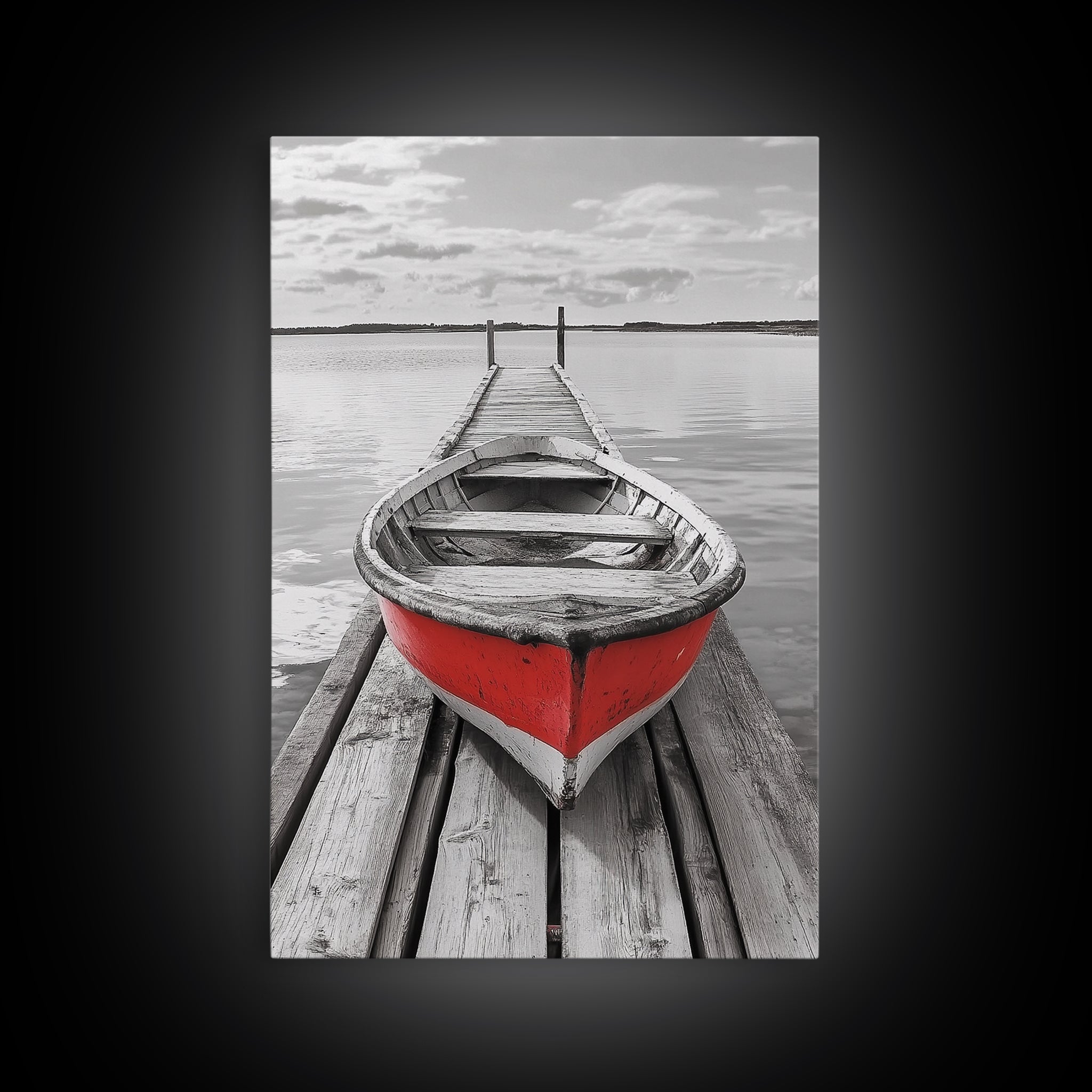 Red Rowboat, Dock Stillness, Minimalist Lake Scene, Canvas Print, Nautical Wall Art, Bathroom Decor, Tranquil Seascape, Coastal Aesthetic