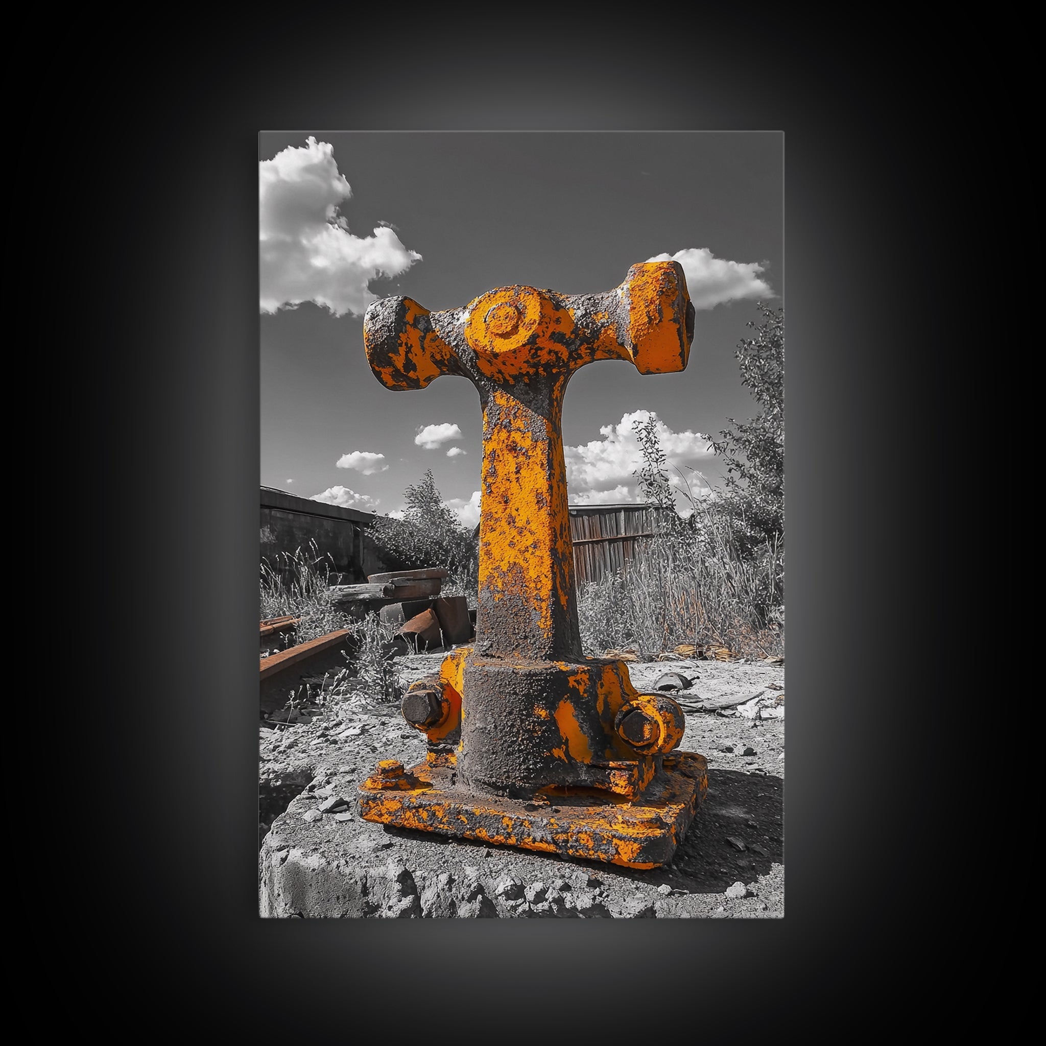 Rusty Bolt, Yellow Steel, Industrial Contrast, Framed Canvas Print, Garage Decor, Workshop Wall Art, Urban Grunge Photography