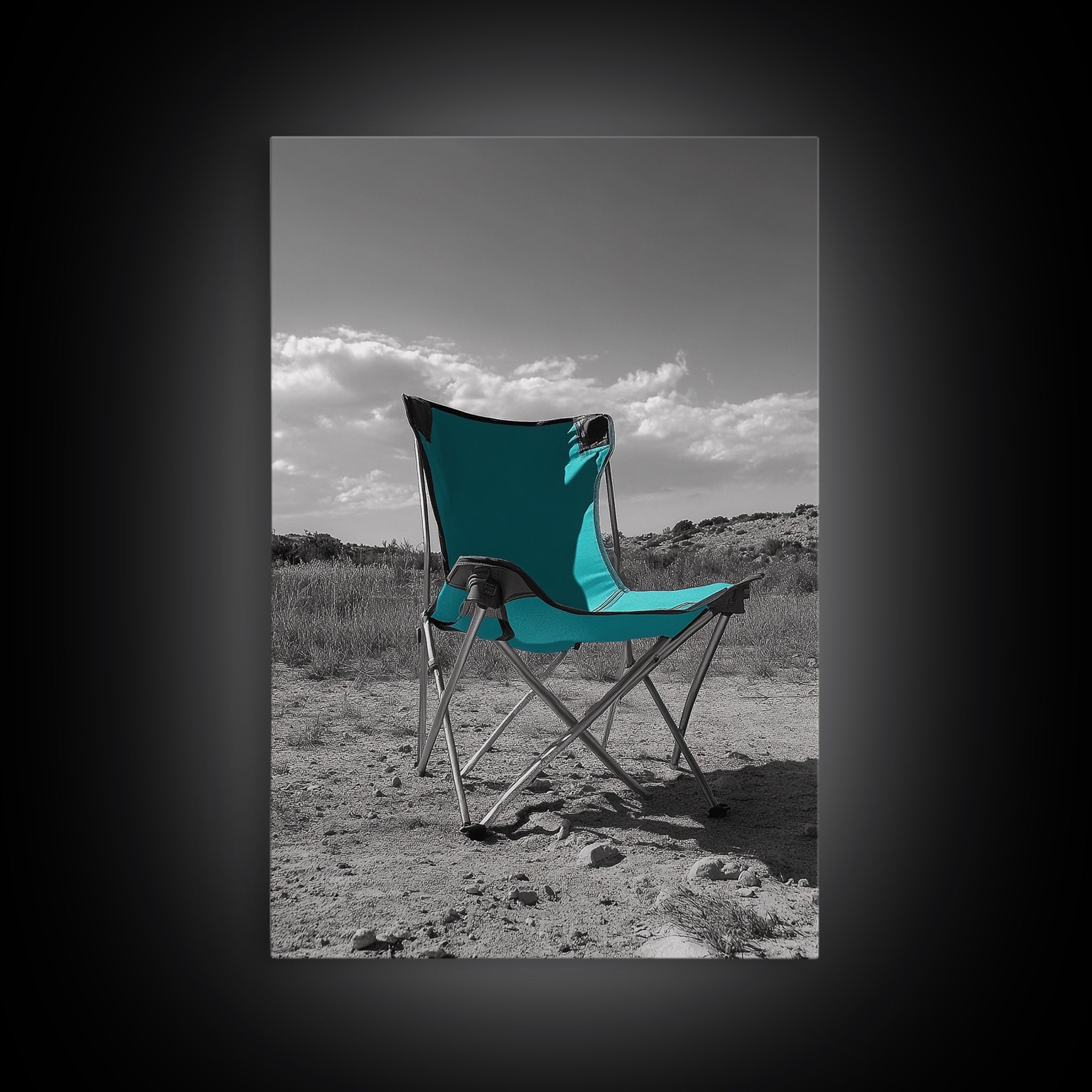 Teal Camp Chair, Outdoor Minimalism, Desert Art, Canvas Print, Camping Wall Decor, Nature Photo, Rustic Retreat, Cabin Wall Art