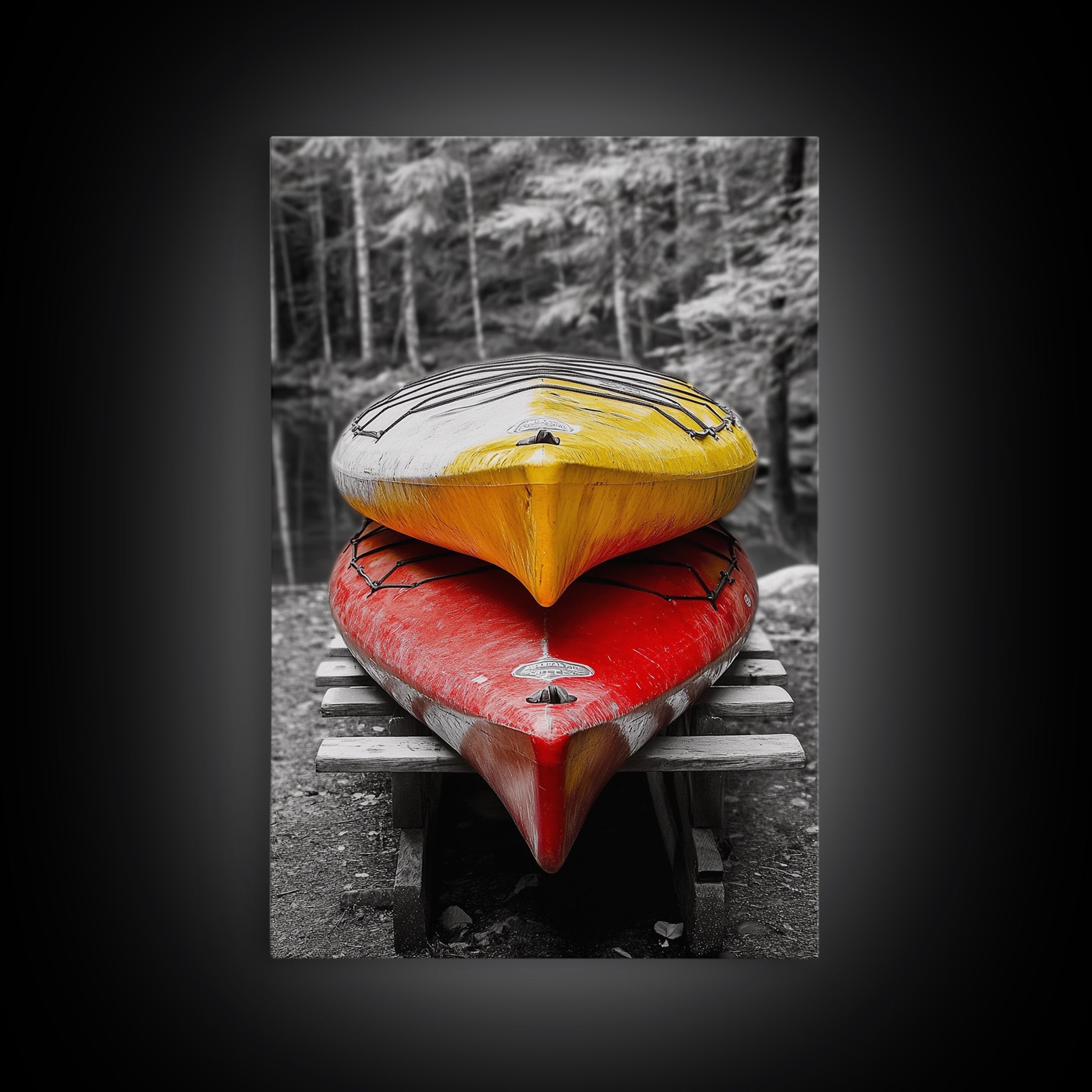 Stacked Kayaks, Red and Yellow, Forest Wall Art