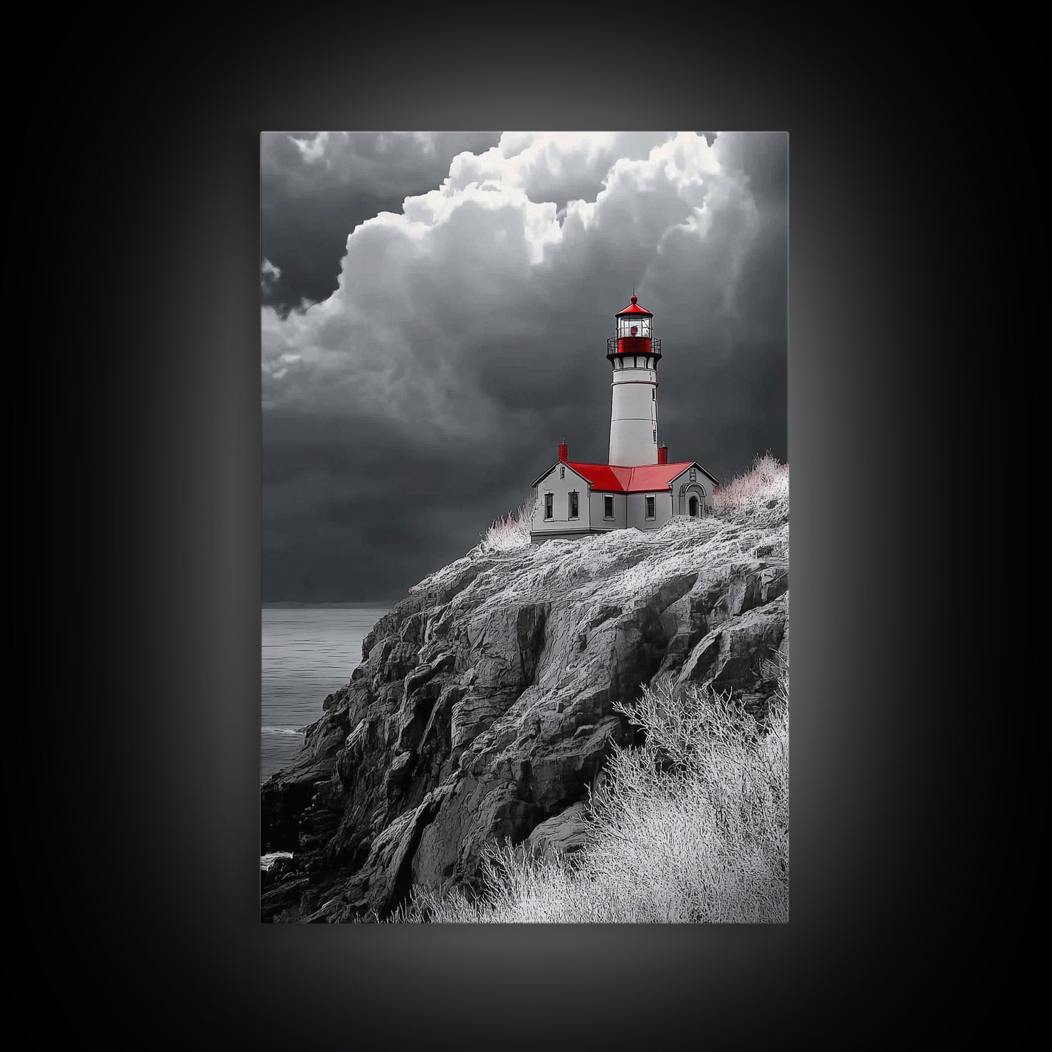 Stormy Lighthouse, Red Roof, Dramatic Coastline, Canvas Print, Coastal Wall Decor, Nautical Art, Living Room Wall Art, Rustic Home Art