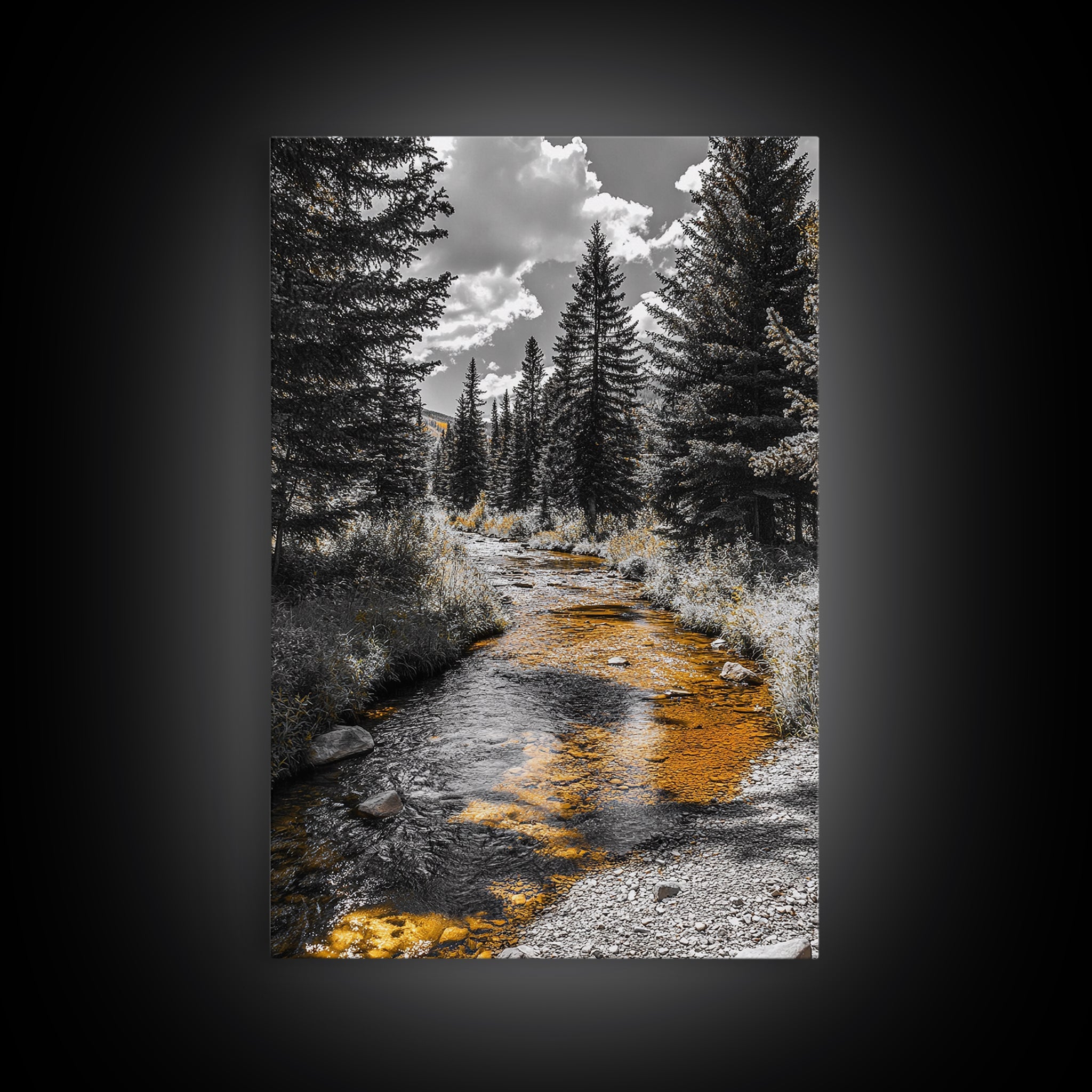 Forest Stream, Autumn Glow, Mountain Trees, Framed Canvas Print, Rustic Cabin Wall Art, Nature Photography, Fall Landscape Decor