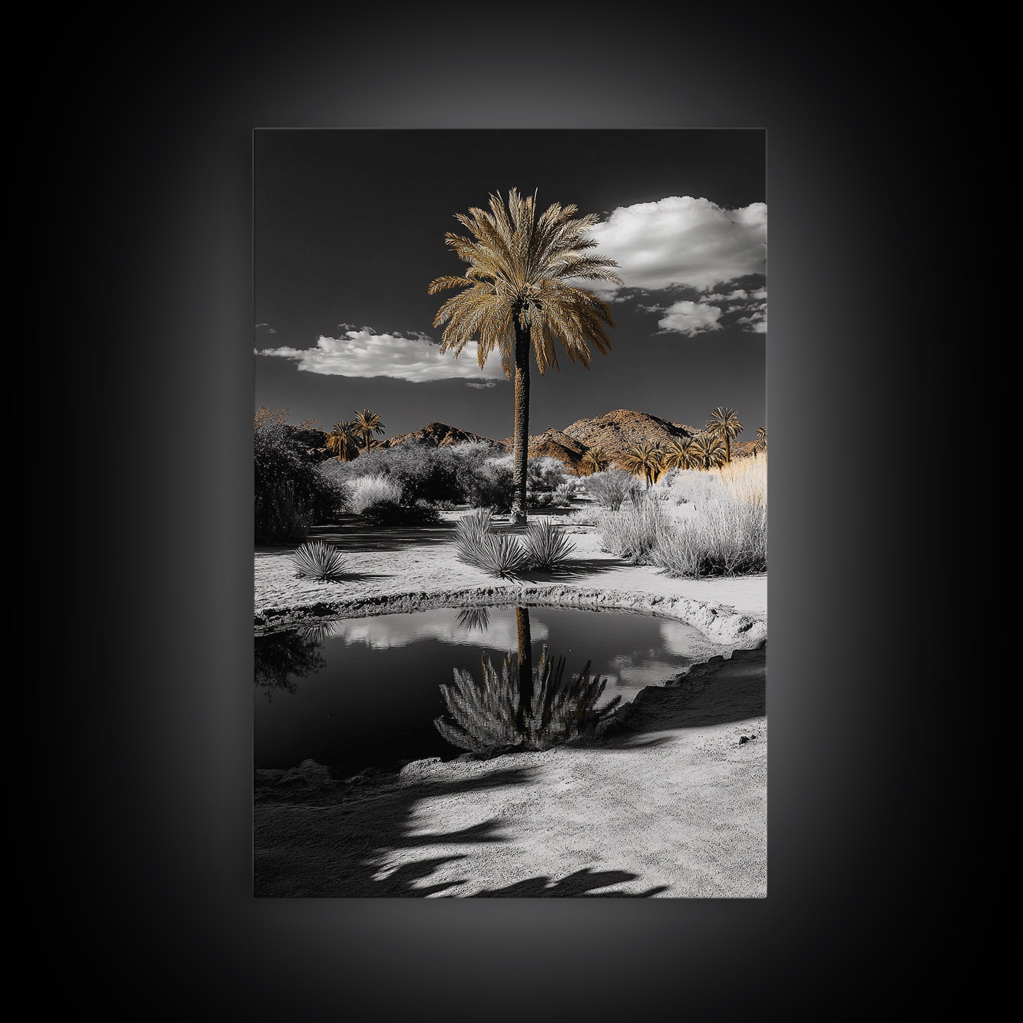 Palm Tree, Desert Oasis, Reflection Pond, Framed Canvas Print, Tropical Wall Art, Boho Decor, Minimalist Landscape Photography
