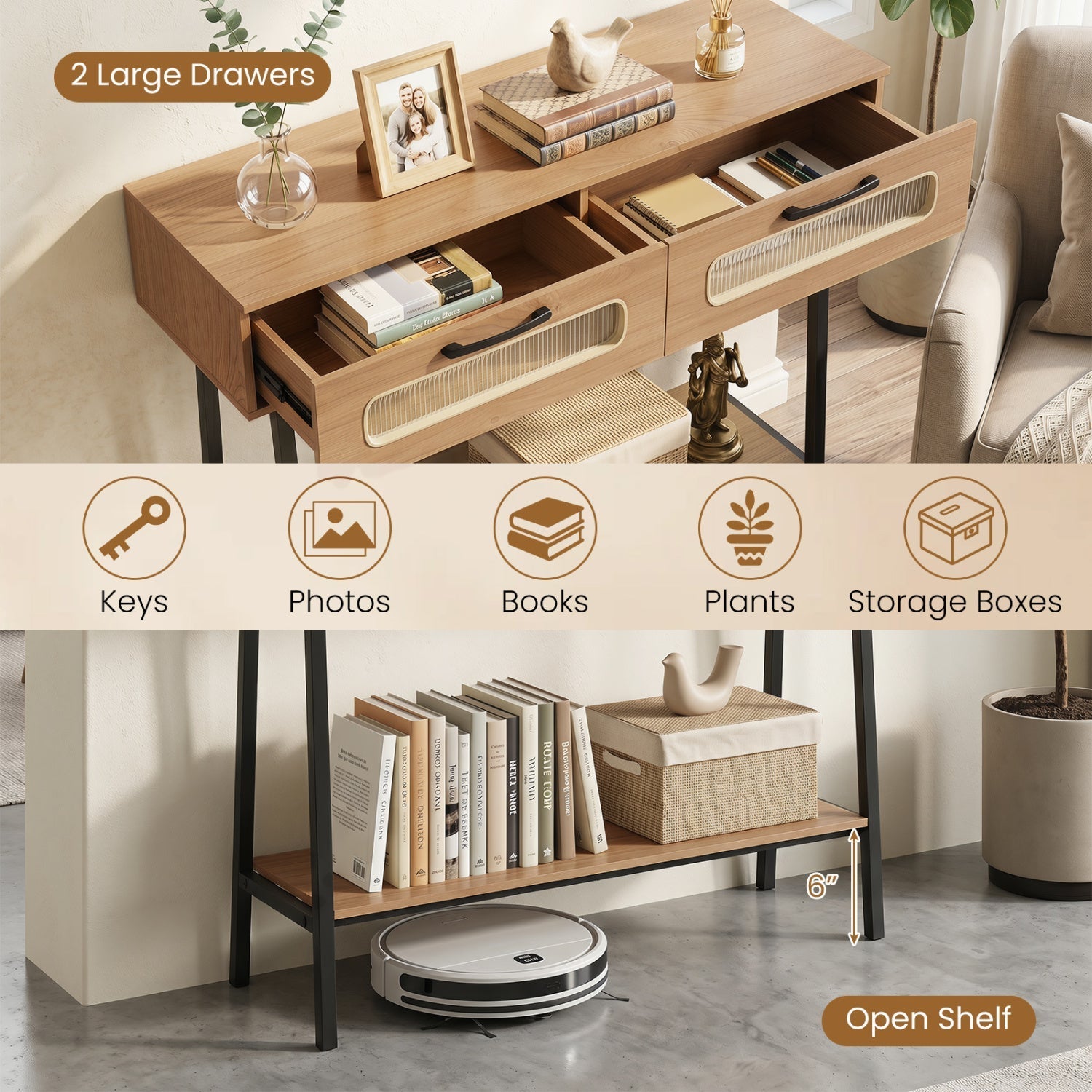 Console Table with LED Lights and Open Shelf - Natural