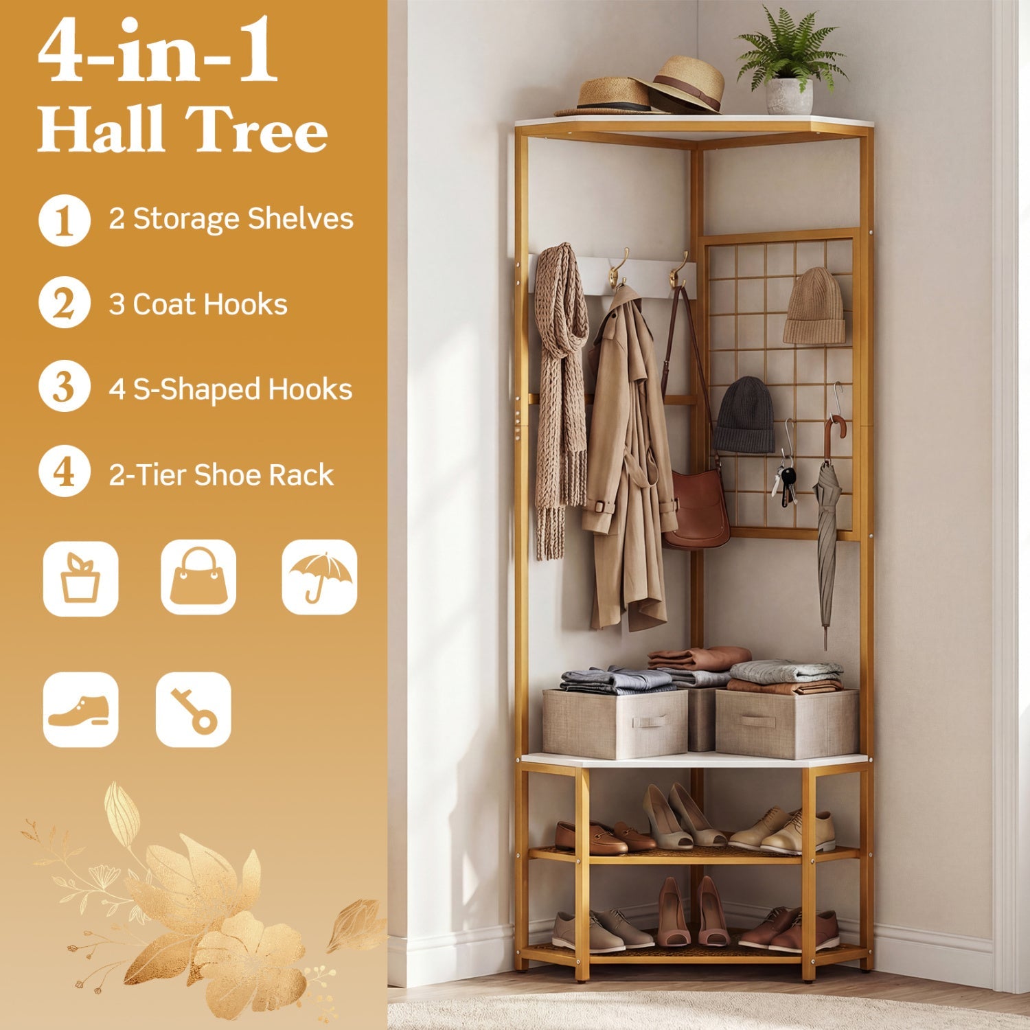 Corner Hall Tree Freestanding Coat Rack with Storage Shelves Removable Hooks