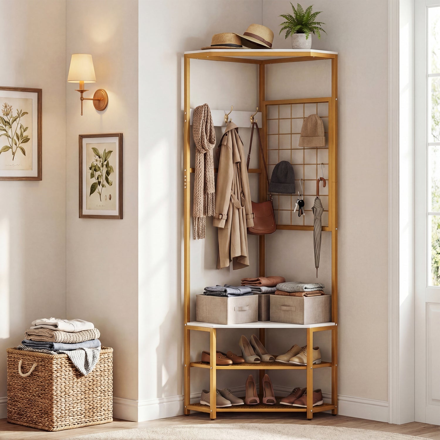 Corner Hall Tree Freestanding Coat Rack with Storage Shelves Removable Hooks