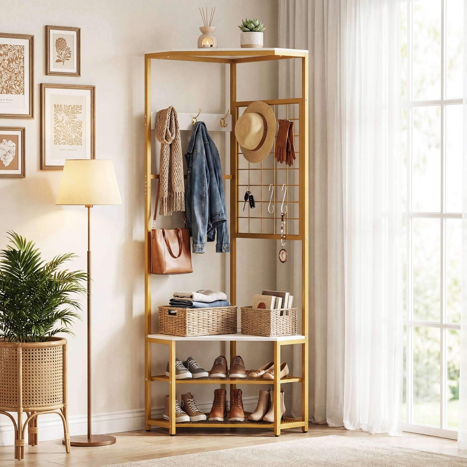 Corner Hall Tree Freestanding Coat Rack with Storage Shelves Removable Hooks