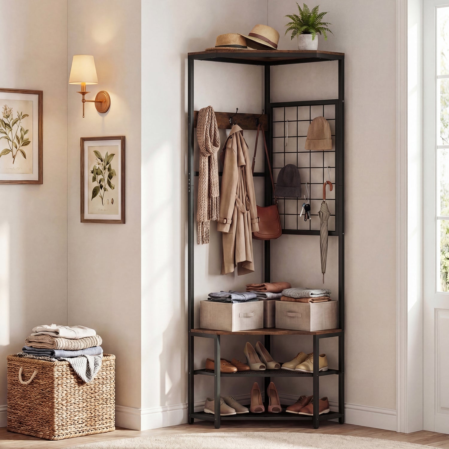 Corner Hall Tree Freestanding Coat Rack with Storage Shelves Removable Hooks