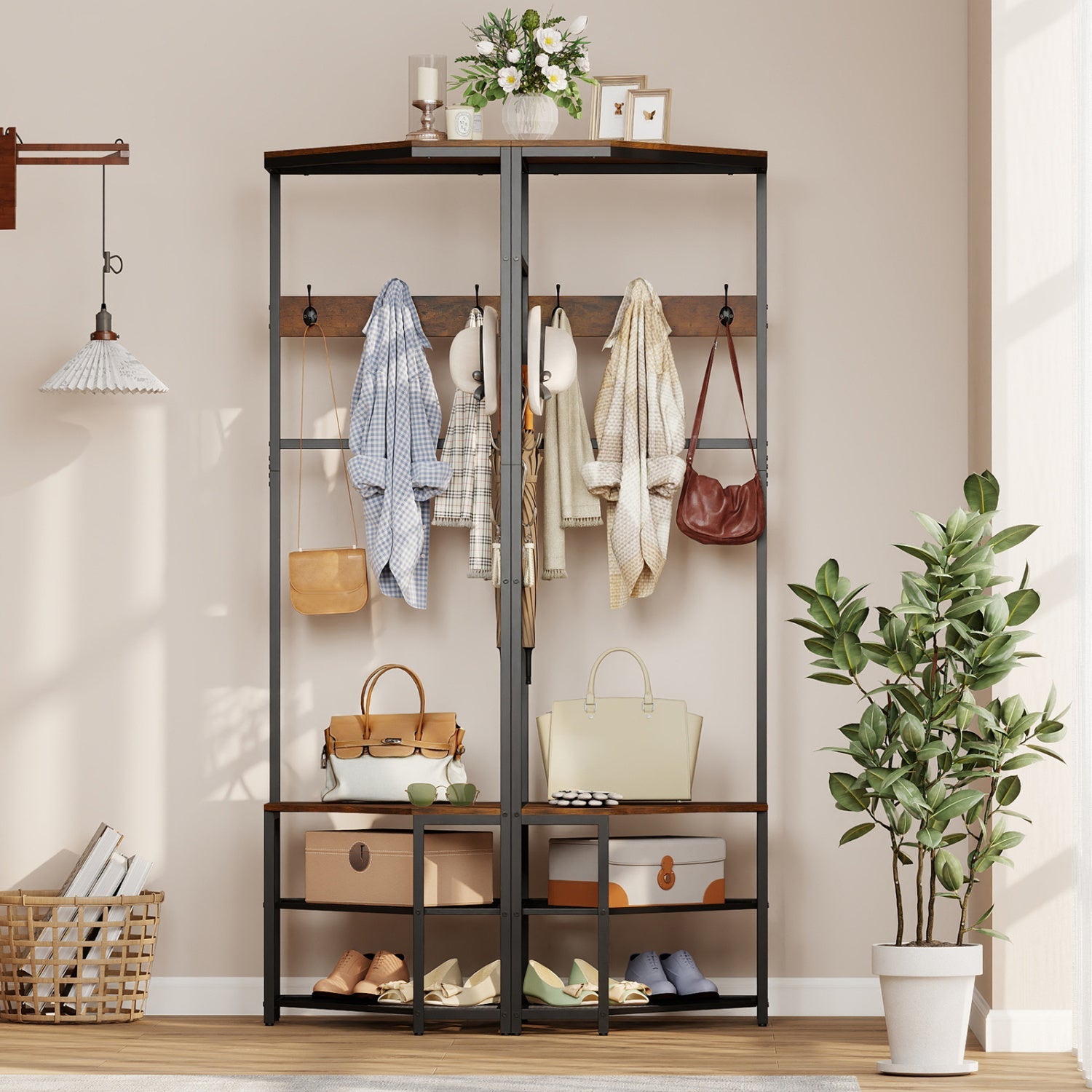 Corner Hall Tree Freestanding Coat Rack with Storage Shelves Removable Hooks