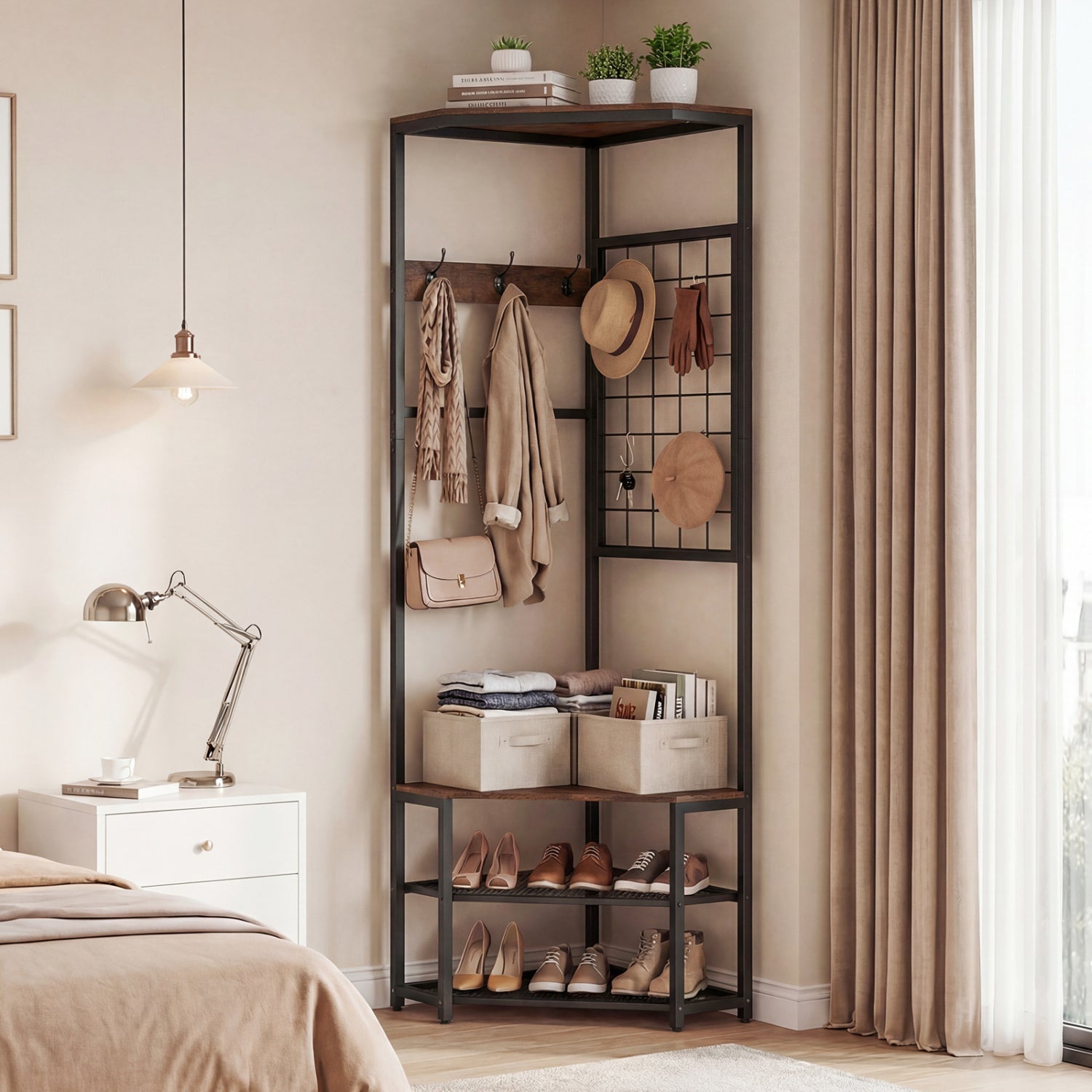 Corner Hall Tree Freestanding Coat Rack with Storage Shelves Removable Hooks