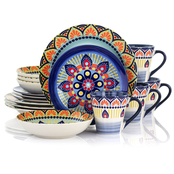 Elama Zen Blue Mozaik 16 Piece Luxurious Stoneware Dinnerware for 4, 16pc