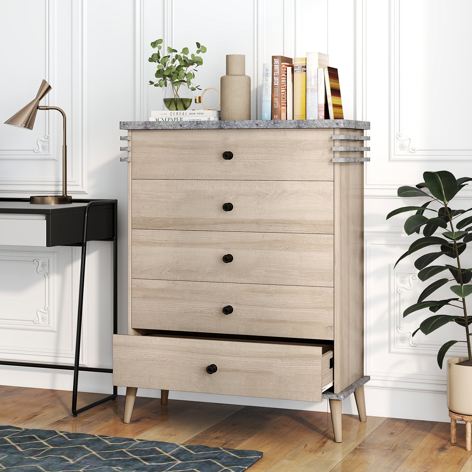 Farmhouse Chest Dresser of Drawers Tall Storage Organizer-Grey