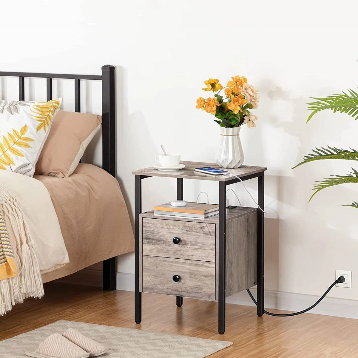 Modern Black Metal Nightstand with Grey Wood Finish Drawers and Shelf