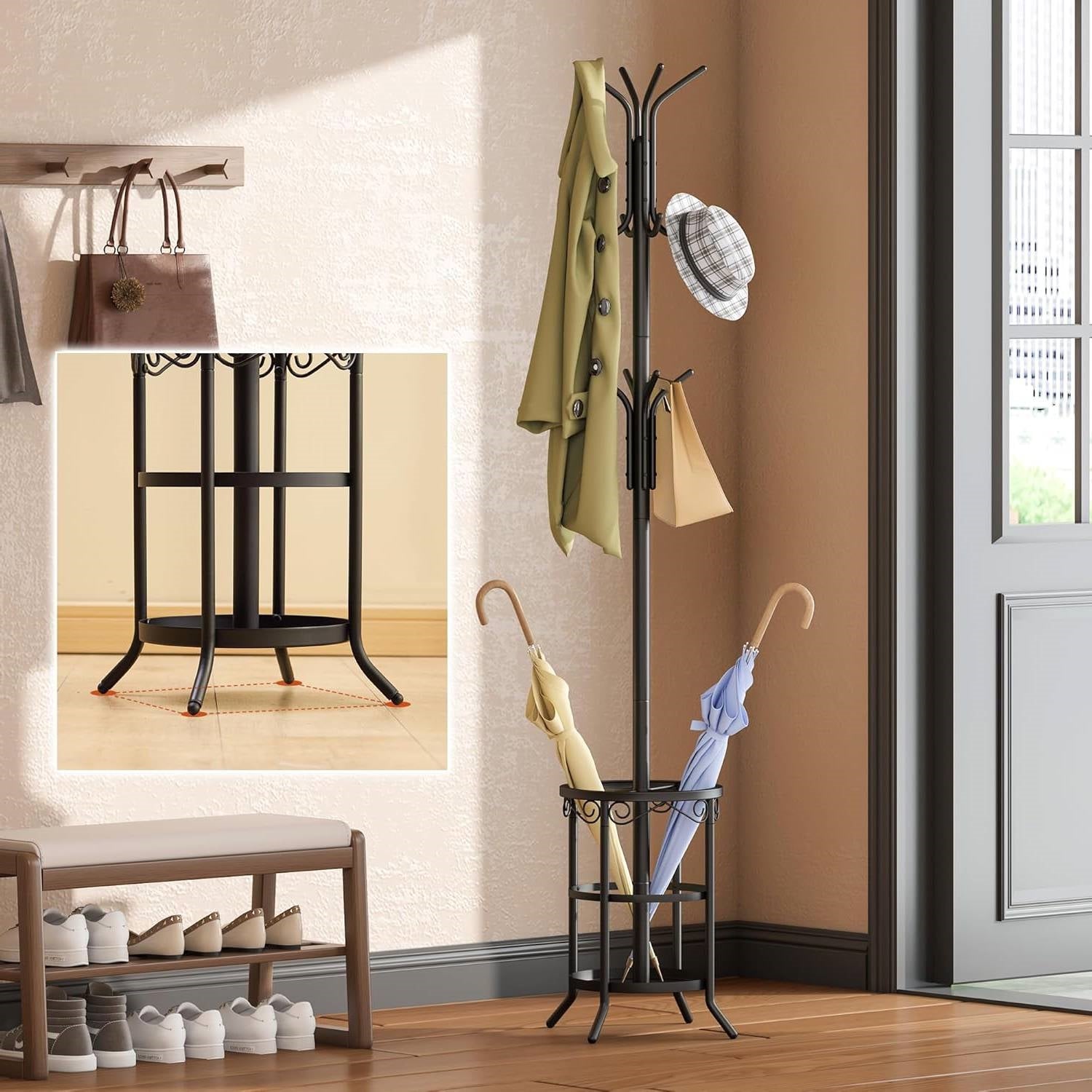 Metal Coat Rack Hall Tree with Umbrella Stand