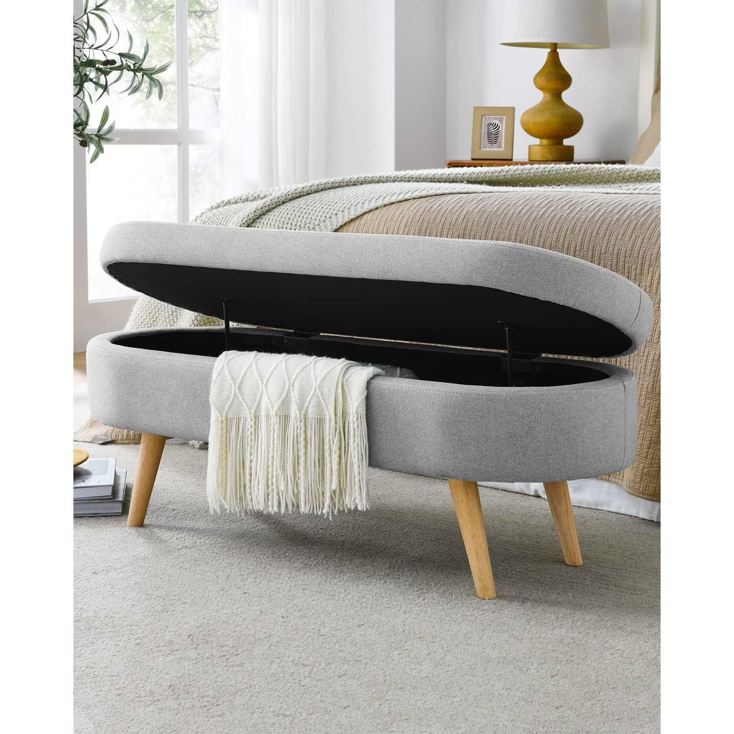 Modern Boho Style Grey Linen Bedroom Storage Bed Bench