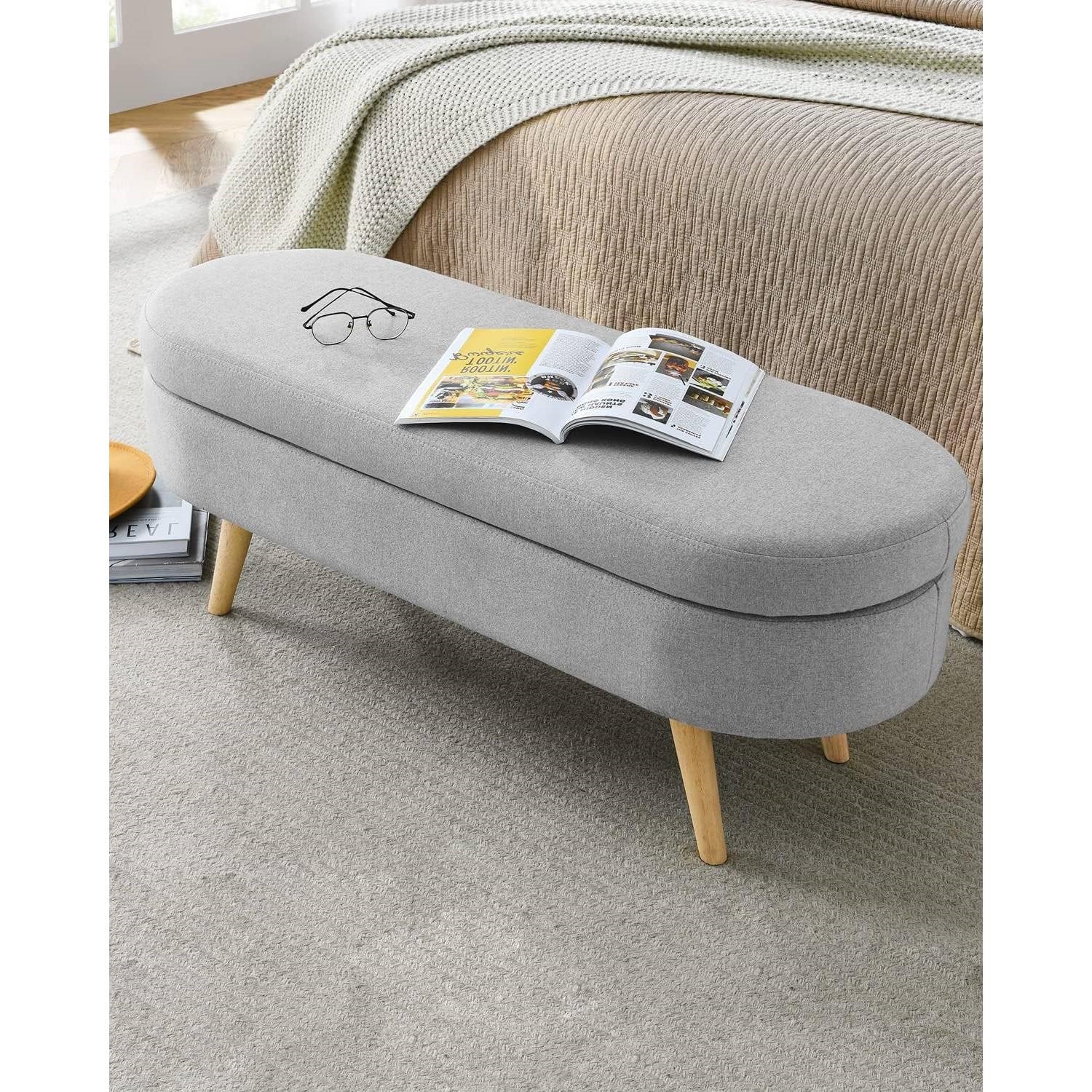 Modern Boho Style Grey Linen Bedroom Storage Bed Bench