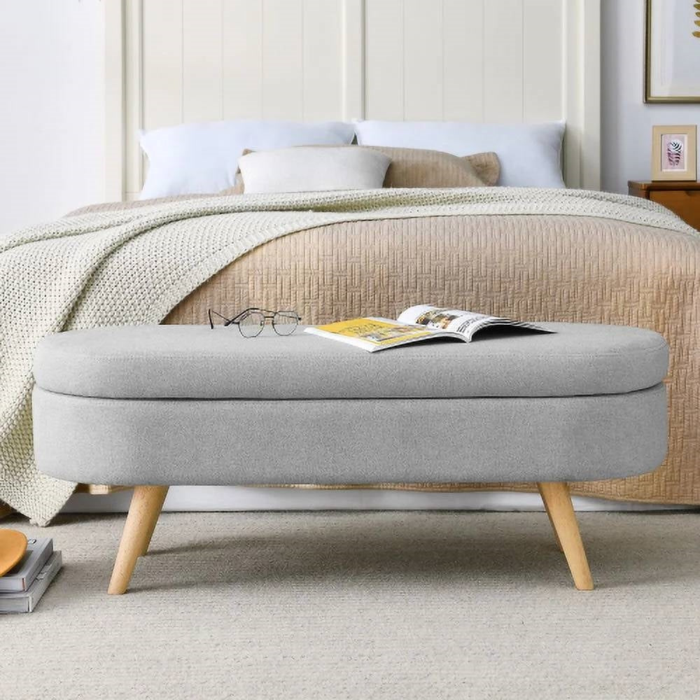 Modern Boho Style Grey Linen Bedroom Storage Bed Bench