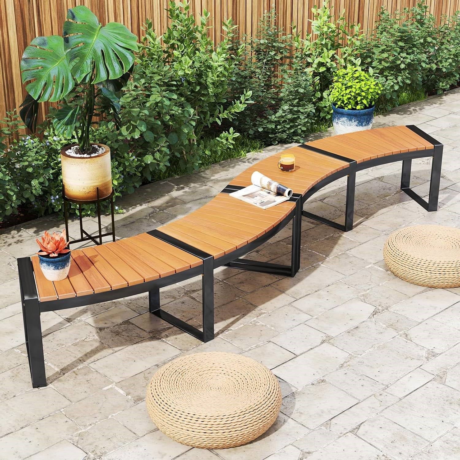 Outdoor Metal Frame Wood Slat Backless Garden Bench