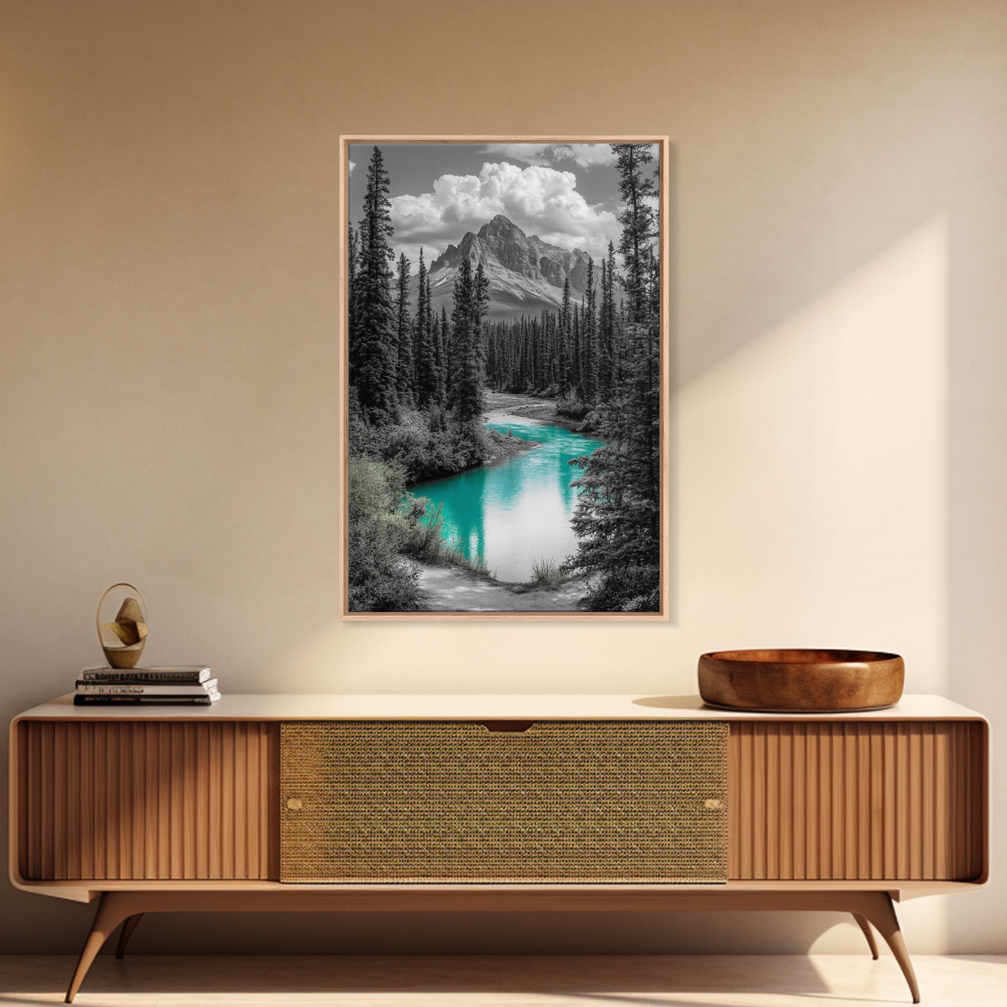 Mountain River, Turquoise Stream, Serene Nature Scene, Canvas Print, Living Room Wall Art, Minimal Landscape Decor, Cabin Vibes
