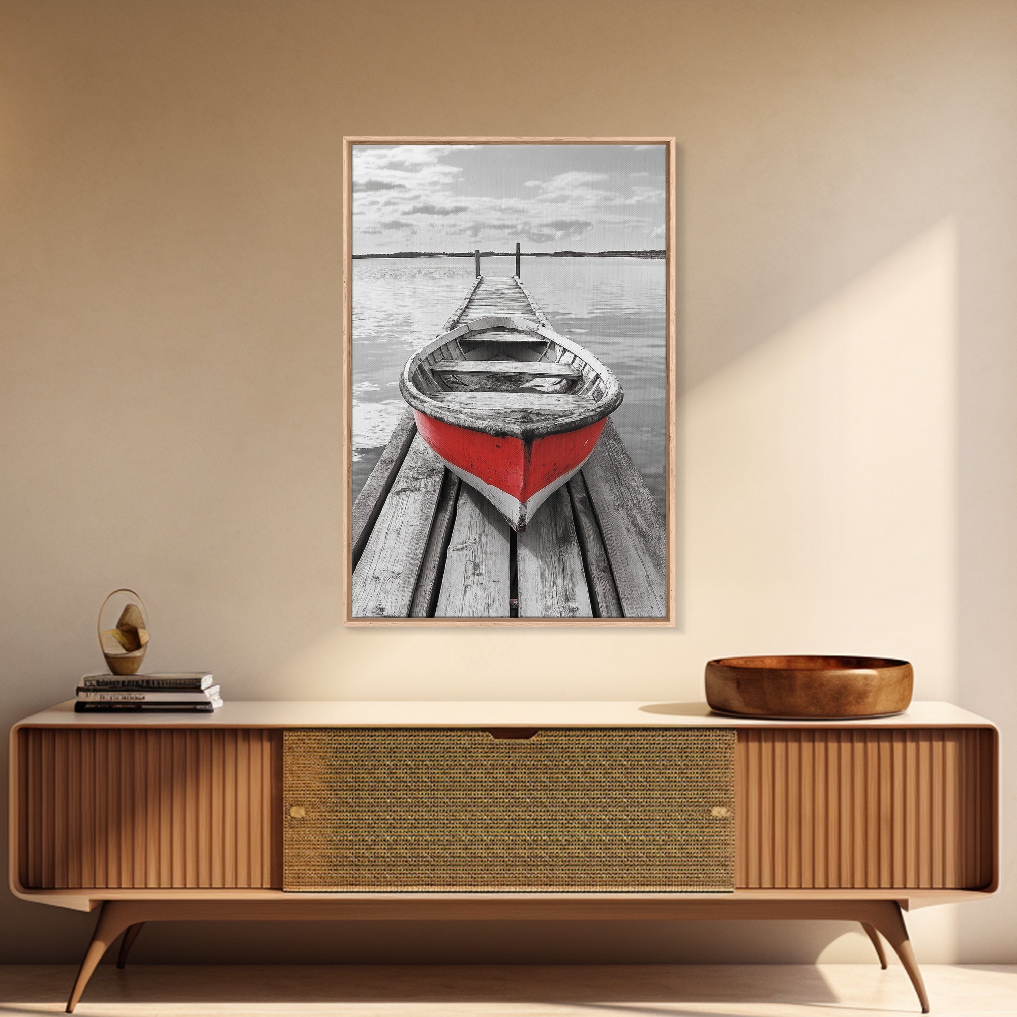Red Rowboat, Dock Stillness, Minimalist Lake Scene, Canvas Print, Nautical Wall Art, Bathroom Decor, Tranquil Seascape, Coastal Aesthetic