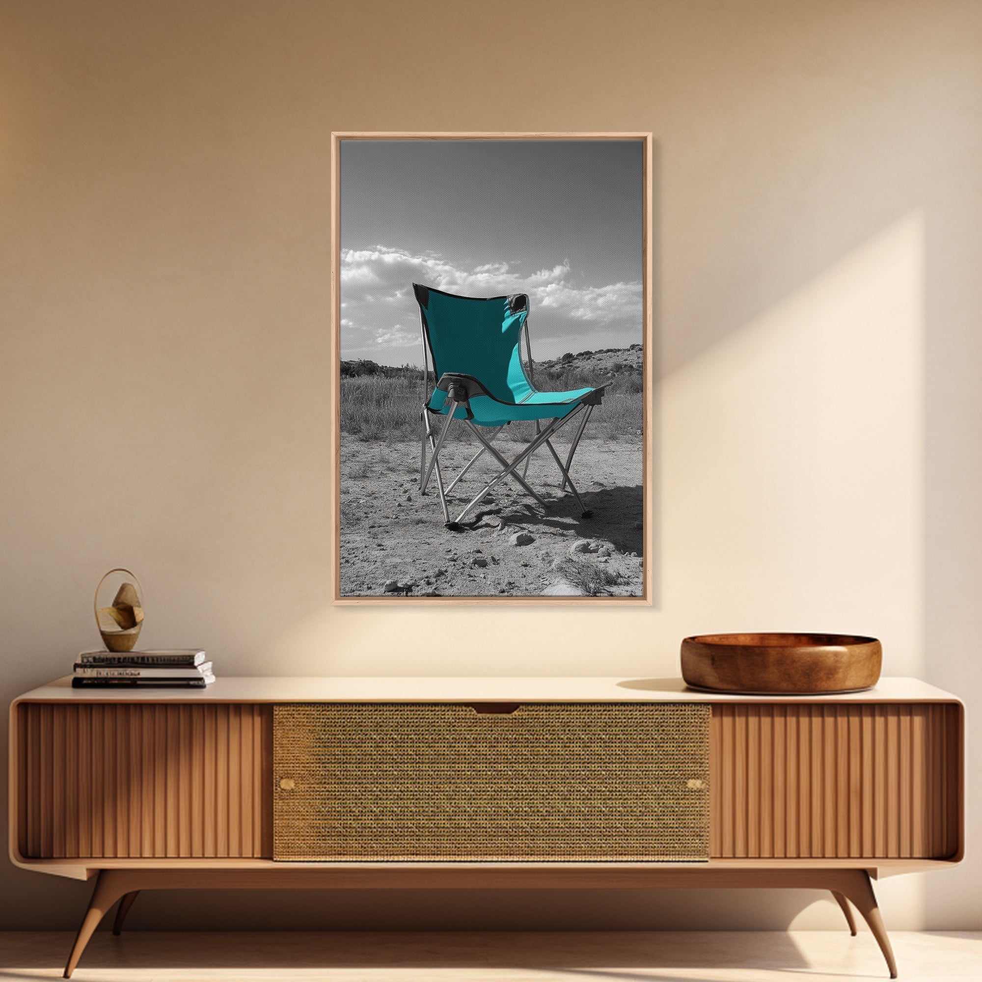 Teal Camp Chair, Outdoor Minimalism, Desert Art, Canvas Print, Camping Wall Decor, Nature Photo, Rustic Retreat, Cabin Wall Art
