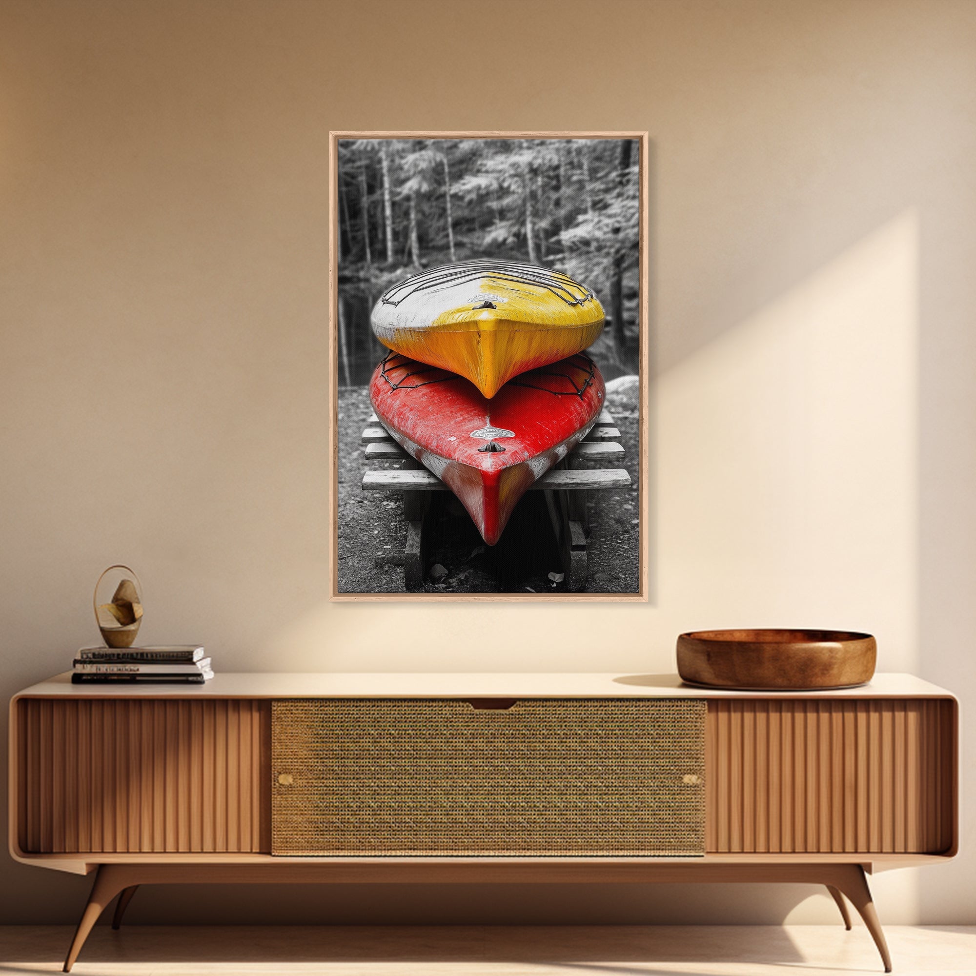 Stacked Kayaks, Red and Yellow, Forest Wall Art