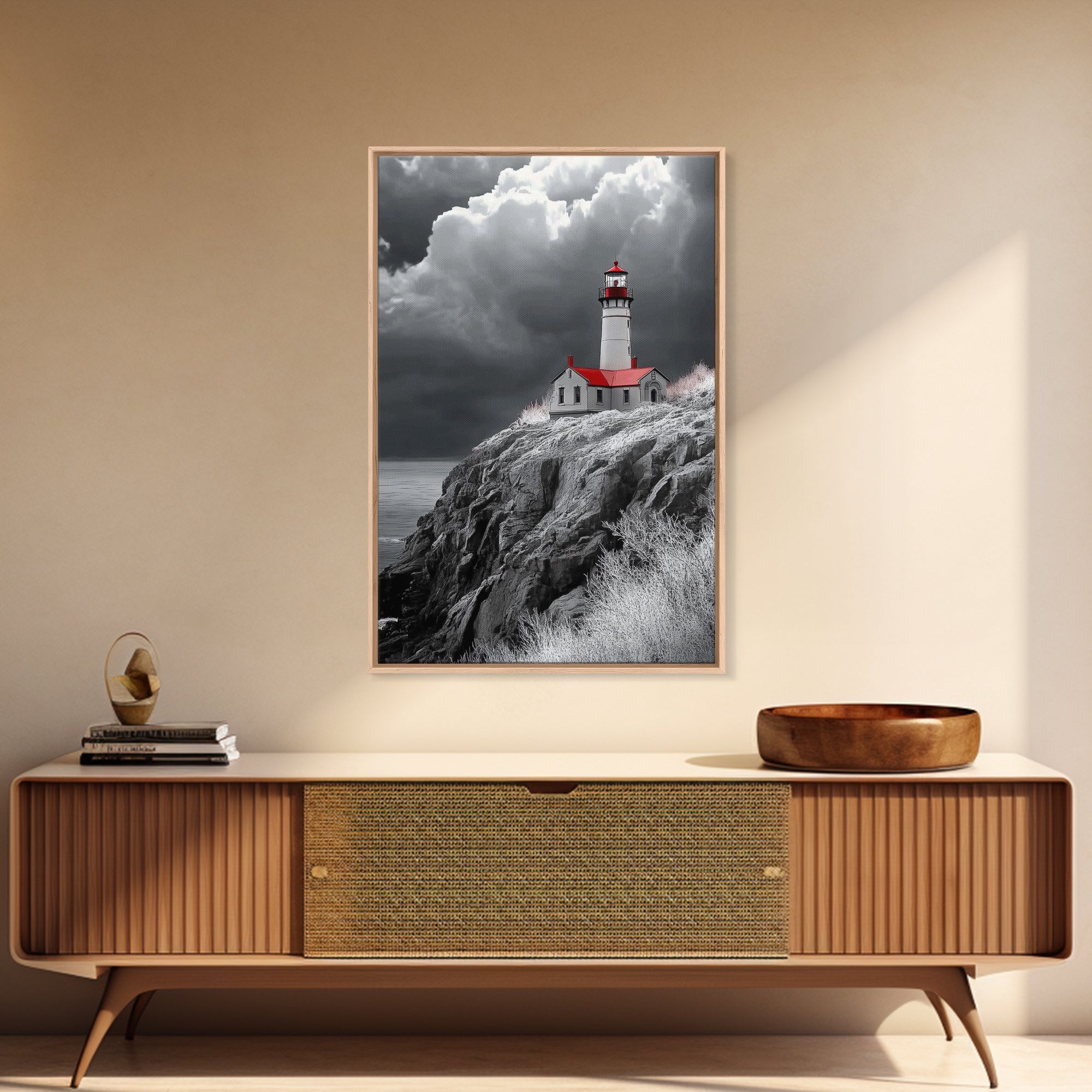 Stormy Lighthouse, Red Roof, Dramatic Coastline, Canvas Print, Coastal Wall Decor, Nautical Art, Living Room Wall Art, Rustic Home Art