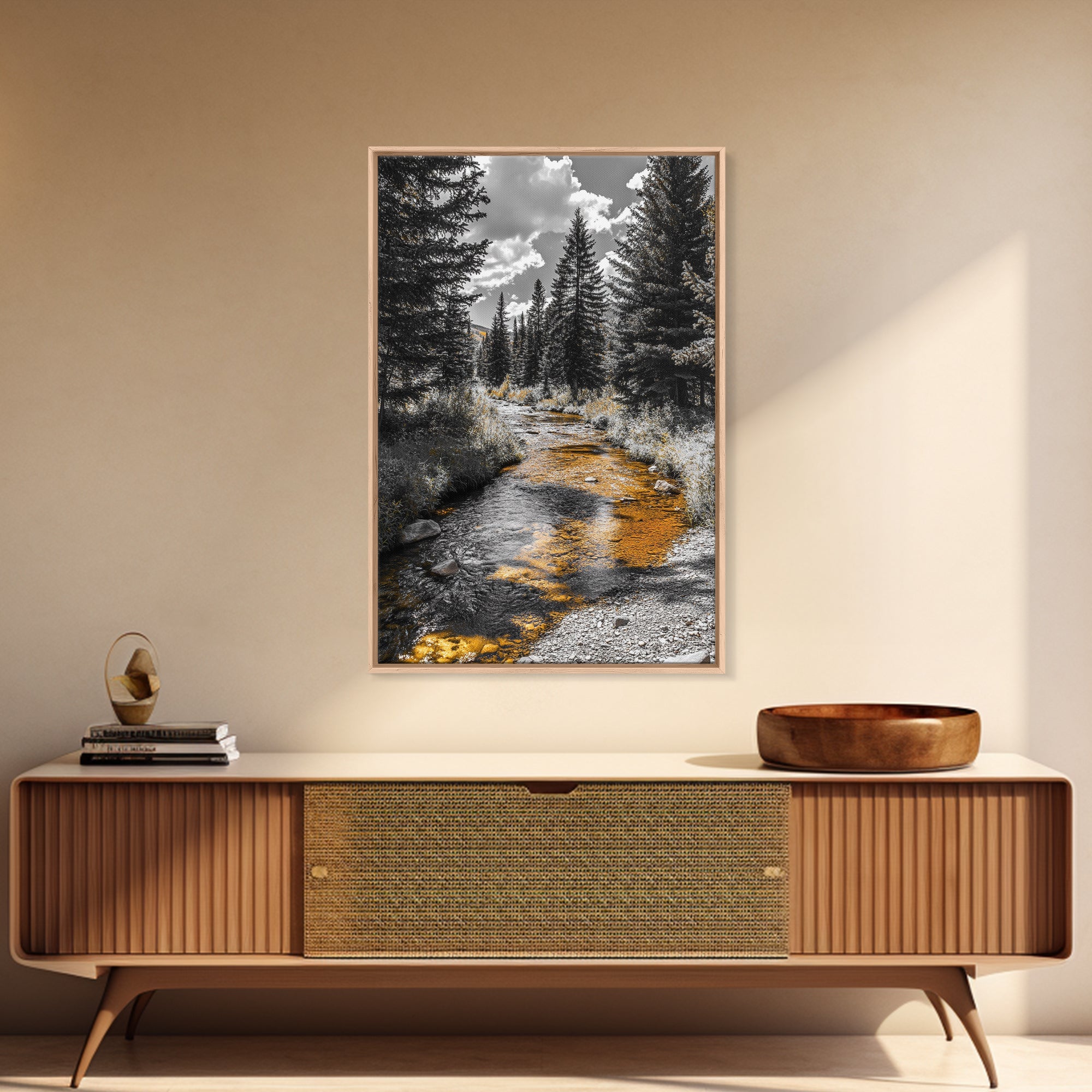 Forest Stream, Autumn Glow, Mountain Trees, Framed Canvas Print, Rustic Cabin Wall Art, Nature Photography, Fall Landscape Decor