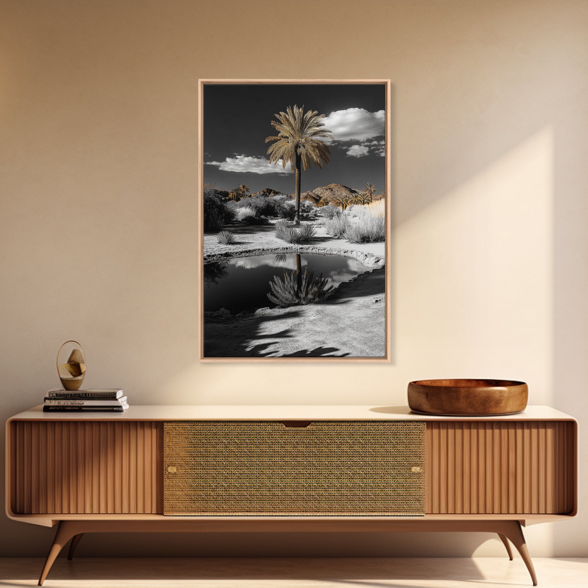 Palm Tree, Desert Oasis, Reflection Pond, Framed Canvas Print, Tropical Wall Art, Boho Decor, Minimalist Landscape Photography