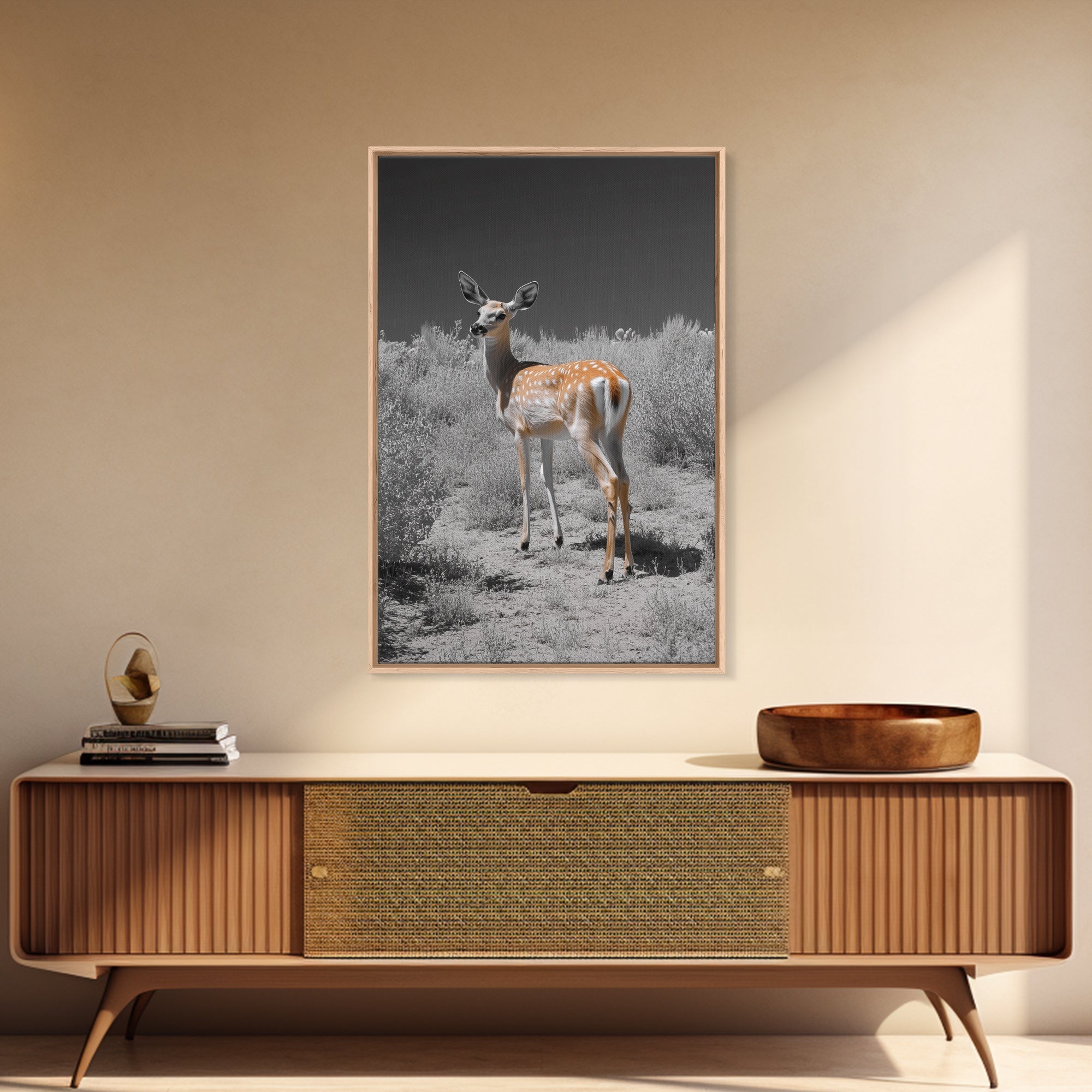 Baby Deer, Spotted Fawn, Desert Wildlife, Framed Canvas Print, Nursery Wall Art, Wildlife Nature Decor, Gentle Forest Animal Art