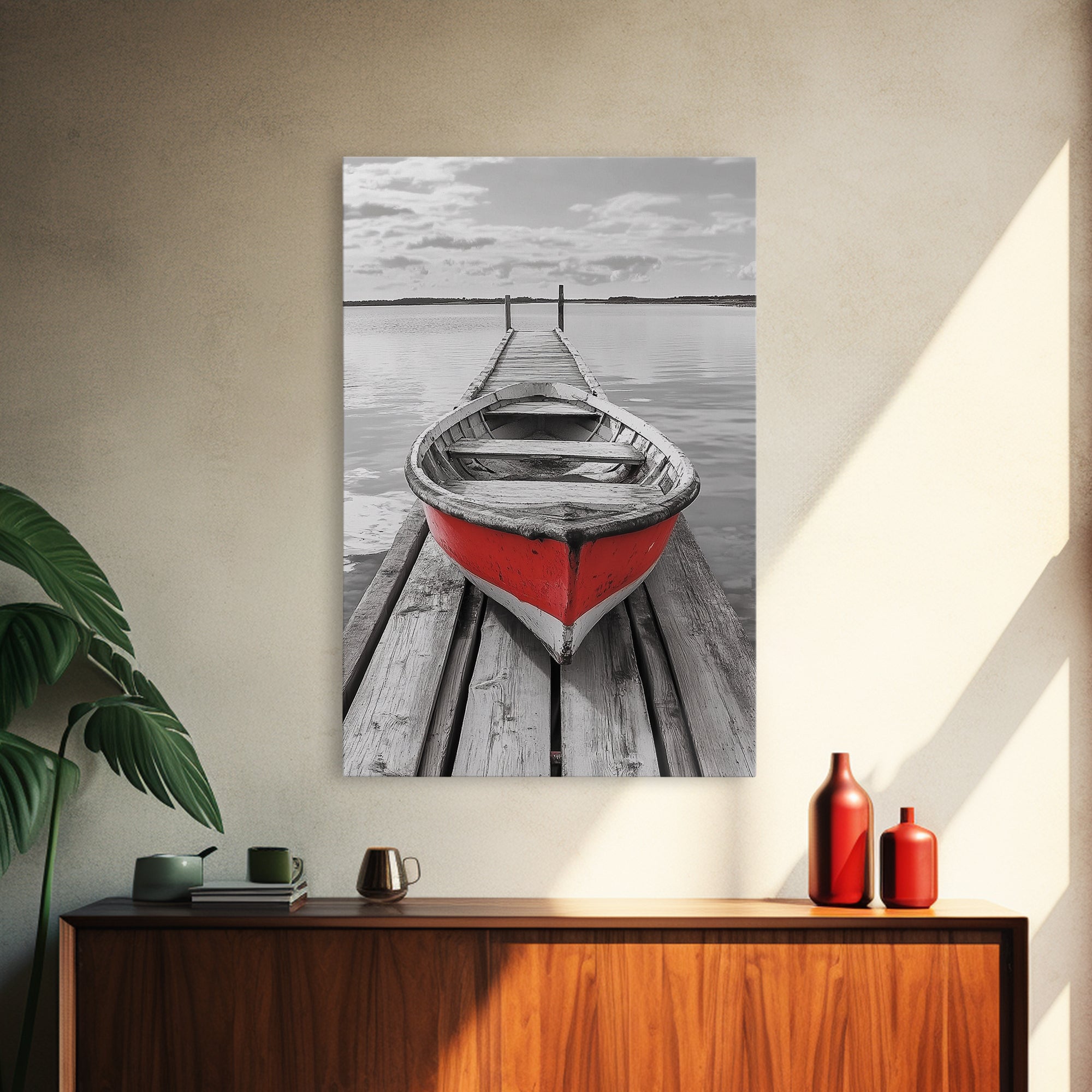 Red Rowboat, Dock Stillness, Minimalist Lake Scene, Canvas Print, Nautical Wall Art, Bathroom Decor, Tranquil Seascape, Coastal Aesthetic