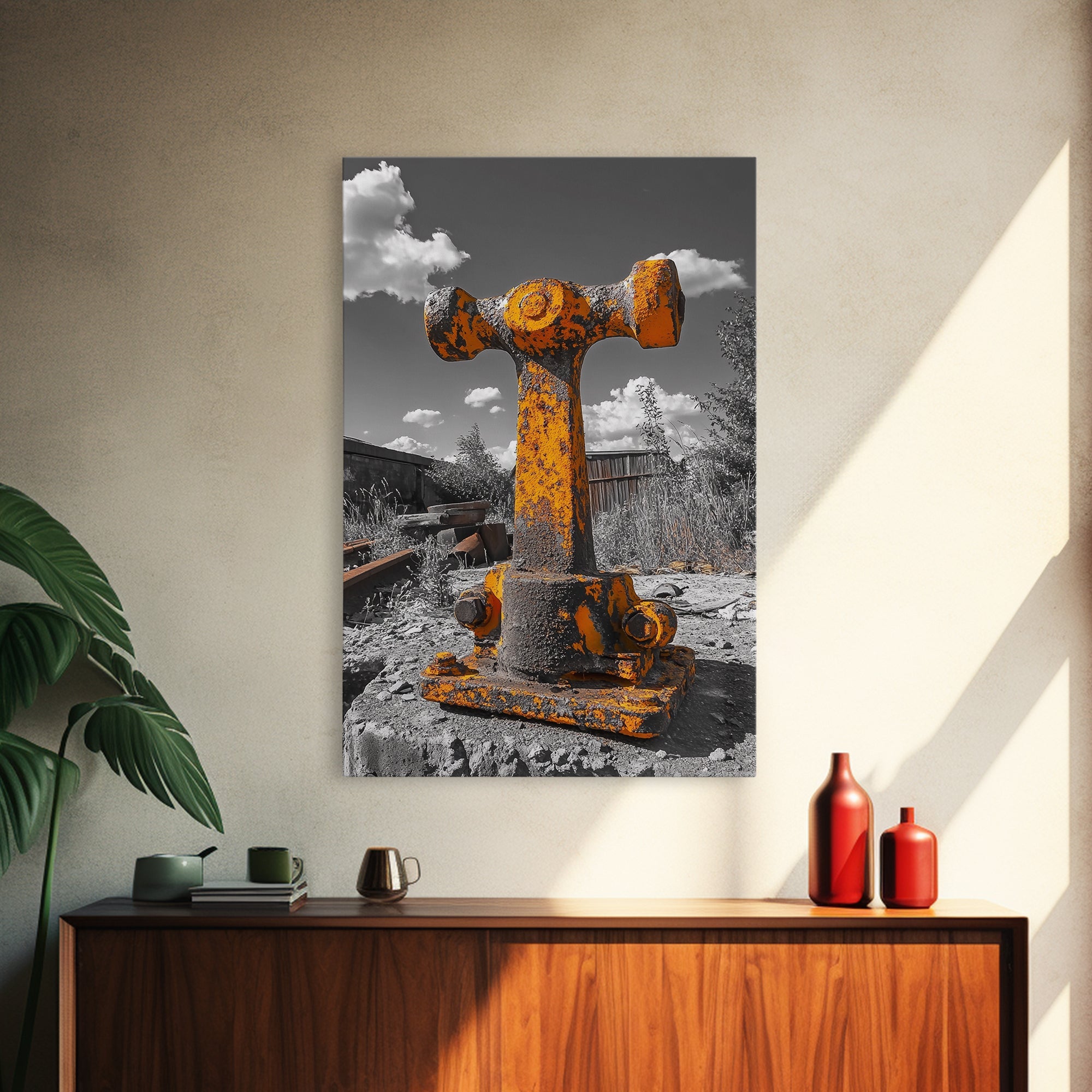 Rusty Bolt, Yellow Steel, Industrial Contrast, Framed Canvas Print, Garage Decor, Workshop Wall Art, Urban Grunge Photography