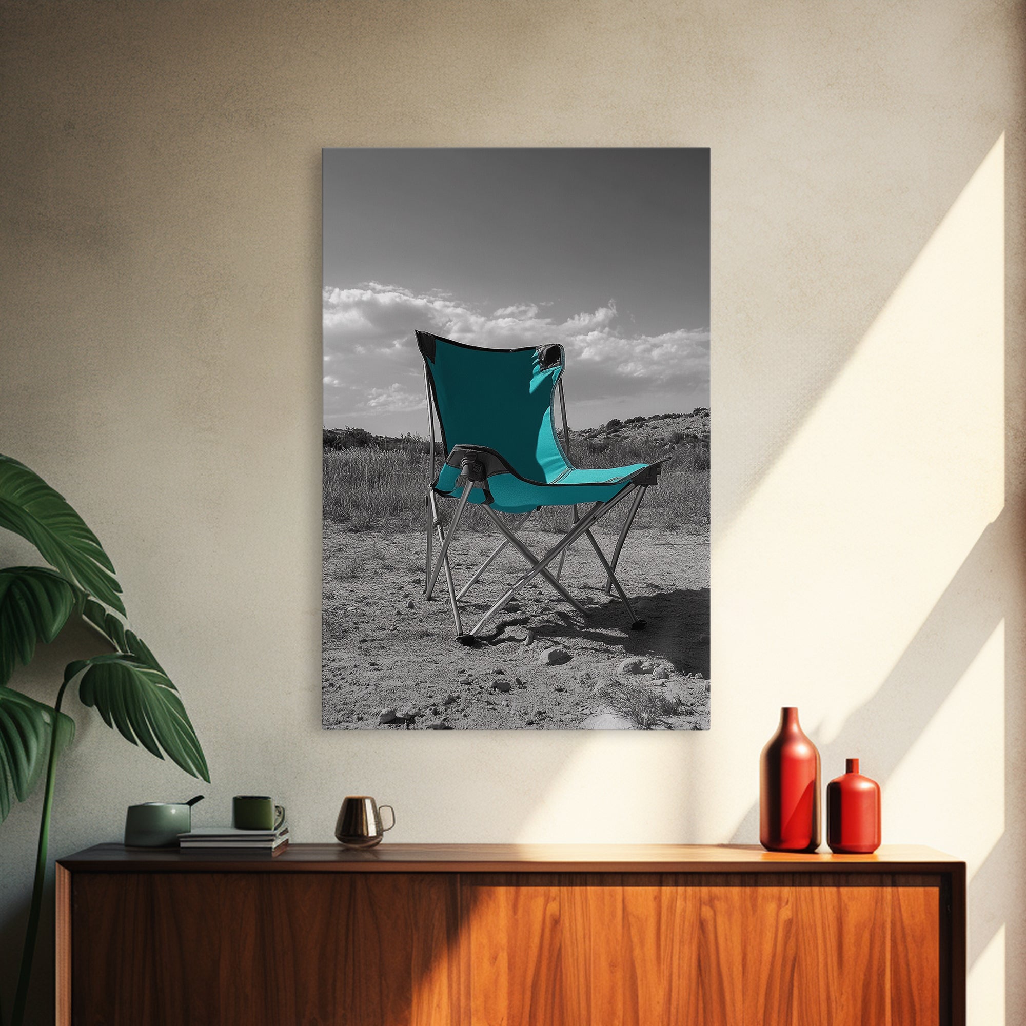 Teal Camp Chair, Outdoor Minimalism, Desert Art, Canvas Print, Camping Wall Decor, Nature Photo, Rustic Retreat, Cabin Wall Art