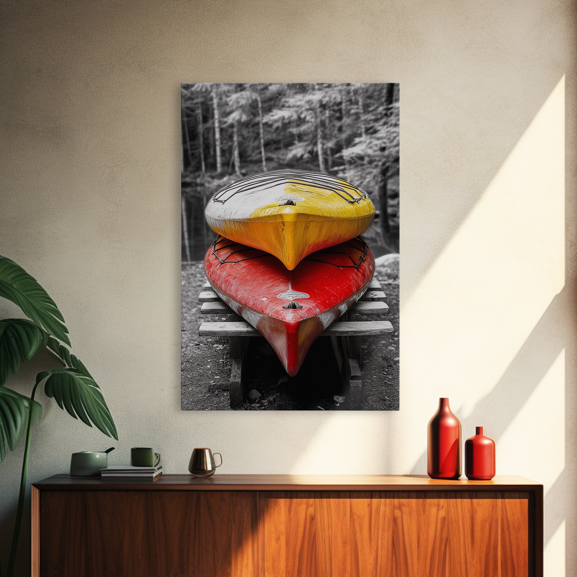Stacked Kayaks, Red and Yellow, Forest Wall Art