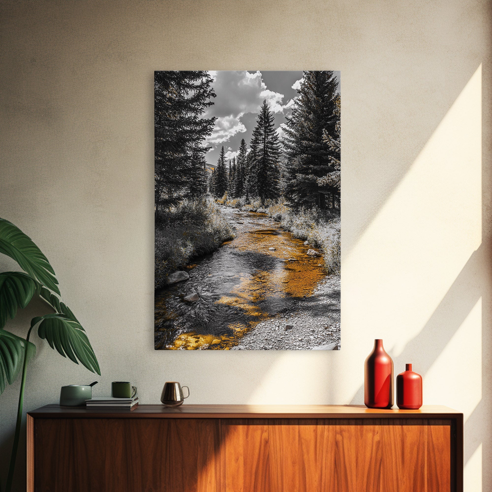 Forest Stream, Autumn Glow, Mountain Trees, Framed Canvas Print, Rustic Cabin Wall Art, Nature Photography, Fall Landscape Decor