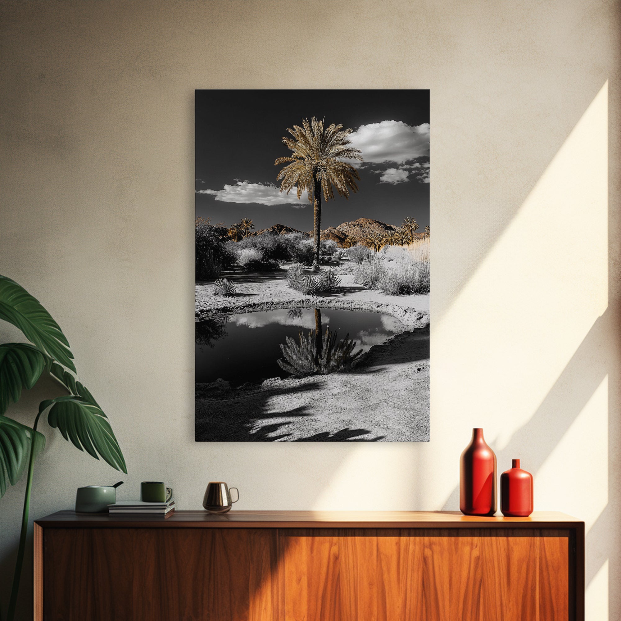 Palm Tree, Desert Oasis, Reflection Pond, Framed Canvas Print, Tropical Wall Art, Boho Decor, Minimalist Landscape Photography